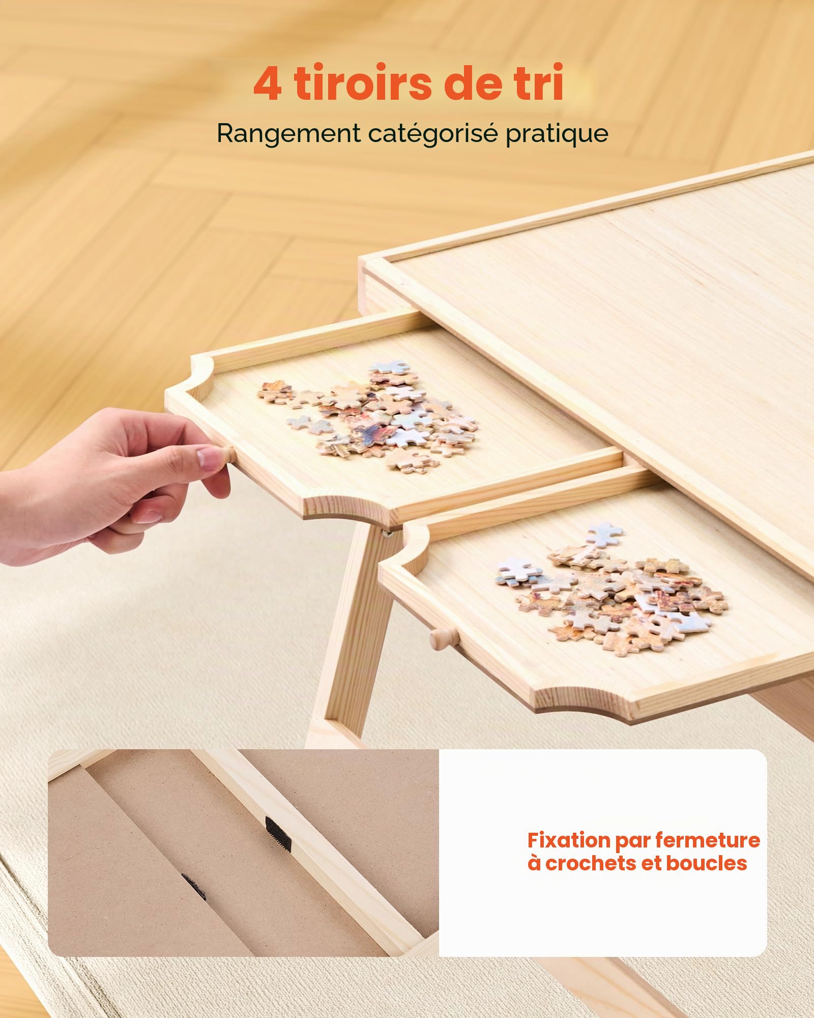 VEVOR Table de Puzzle 1500 Pièces 86,5 x 63,5 cm avec Pieds Pliables 4 Tiroirs et Couverture Plateau Casse-Tête Portable en Bois