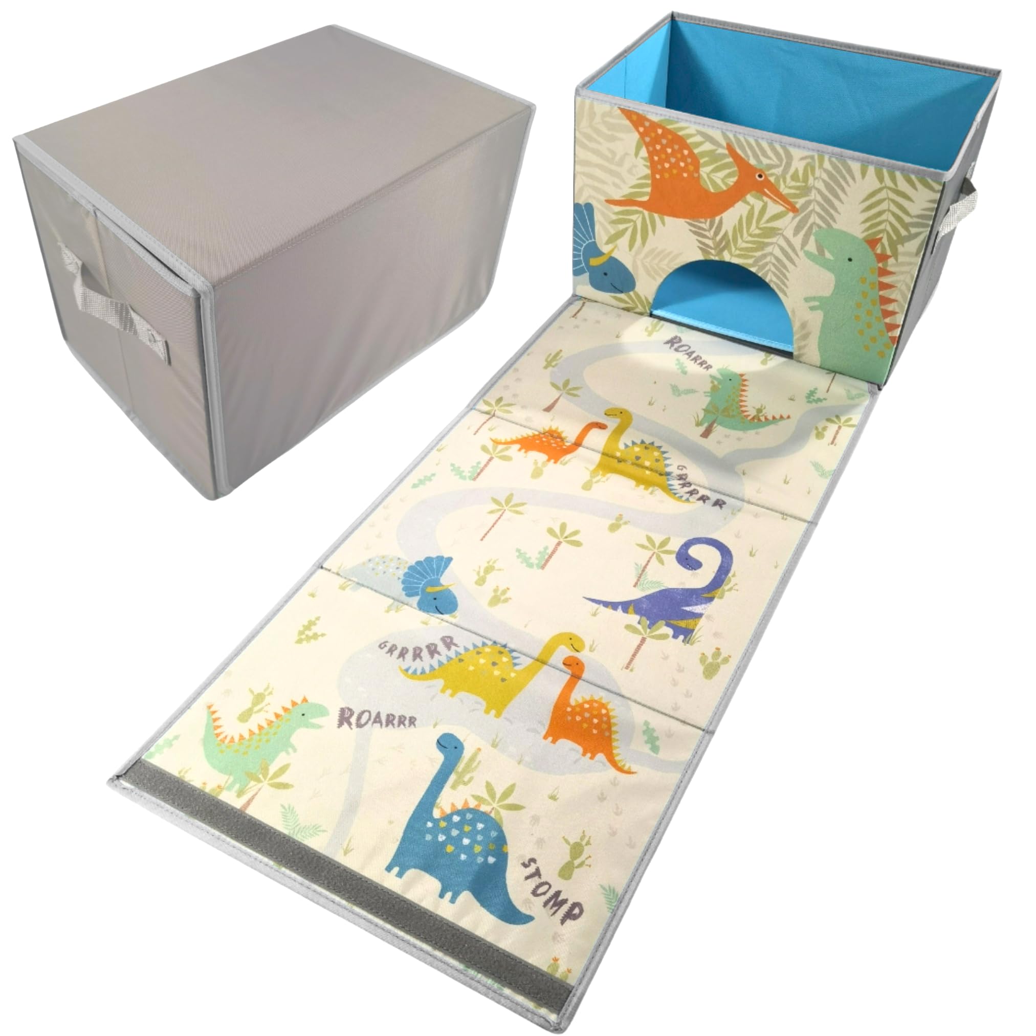 SAM AND MABEL Cute Storage Box with Play Mat – Collapsible Storage Bin, Foldable Playmat and Stackable Basket with Handle (Dinosaur Design)