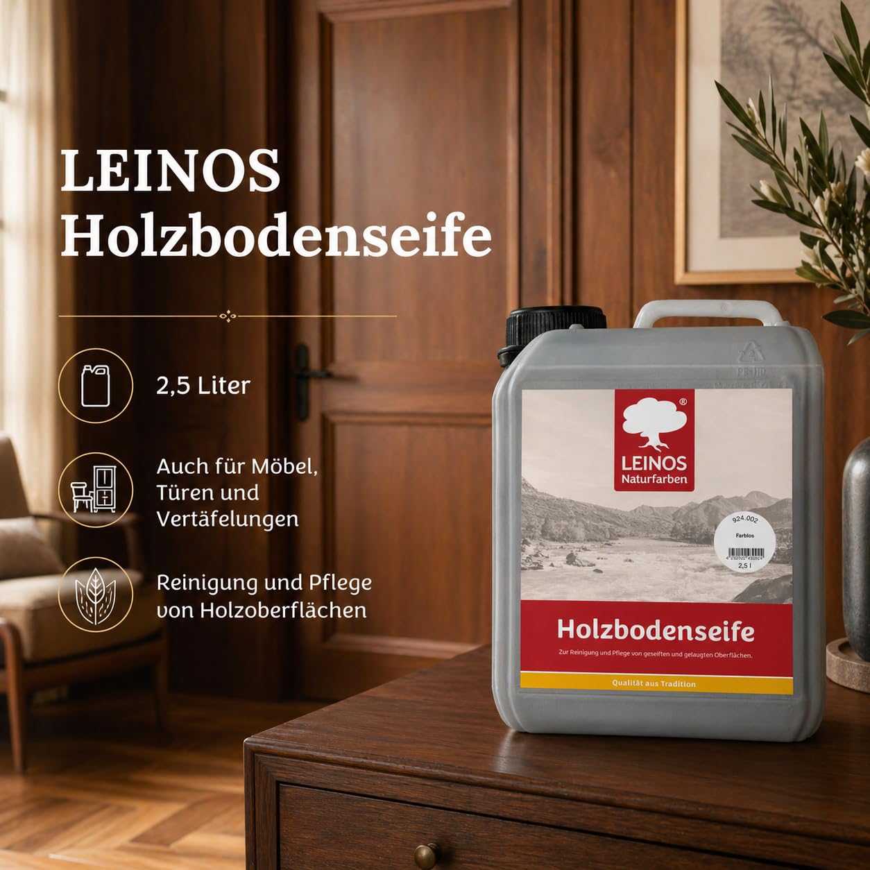 LEINOS Holzbodenseife 924 farblos 2,5 Liter– Erstbehandlung & Unterhaltsreinigung für gelaugte/geseifte Weichholzböden | rückfettend, hochkonzentriert | für Innenflächen