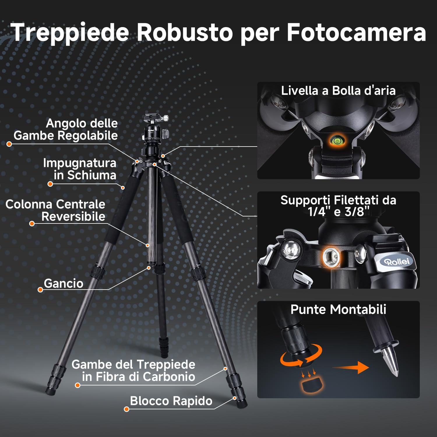 Rollei Rock Solid Beta Mark III, 178,5cm Treppiede Fotocamera Carbonio Cavalletto Fotografico Professionale con Capacità di Carico di 24kg Camera Tripod Nero con Testa a Sfera e Funzione Monopiede