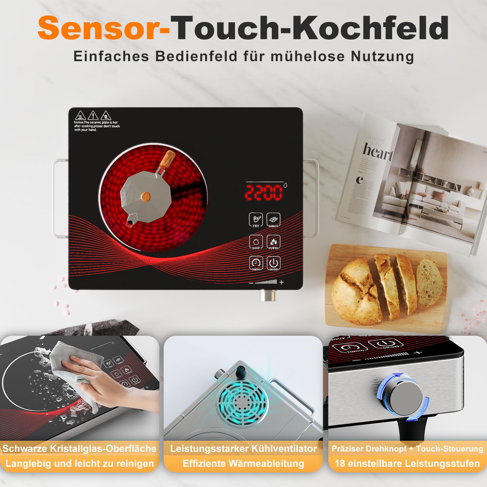Glaskeramik Kochplatte 1 Platte Tragbar, Keramik Kochfeld Kochplatte 1er, Elektrisch Herdplatte mit Stecker, 18 Leistungsstufen, Timer, Kindersicherung, 2200W, 220-240V