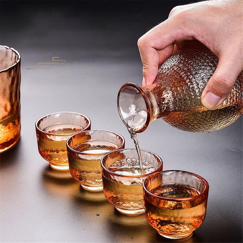 Sake Set Hammer Pattern Glass Gold Rimmed Cup Wine Warmer Korean Soju Cup Tequila Pot Whisky Cup Domestic Wine (Color : B) (A)