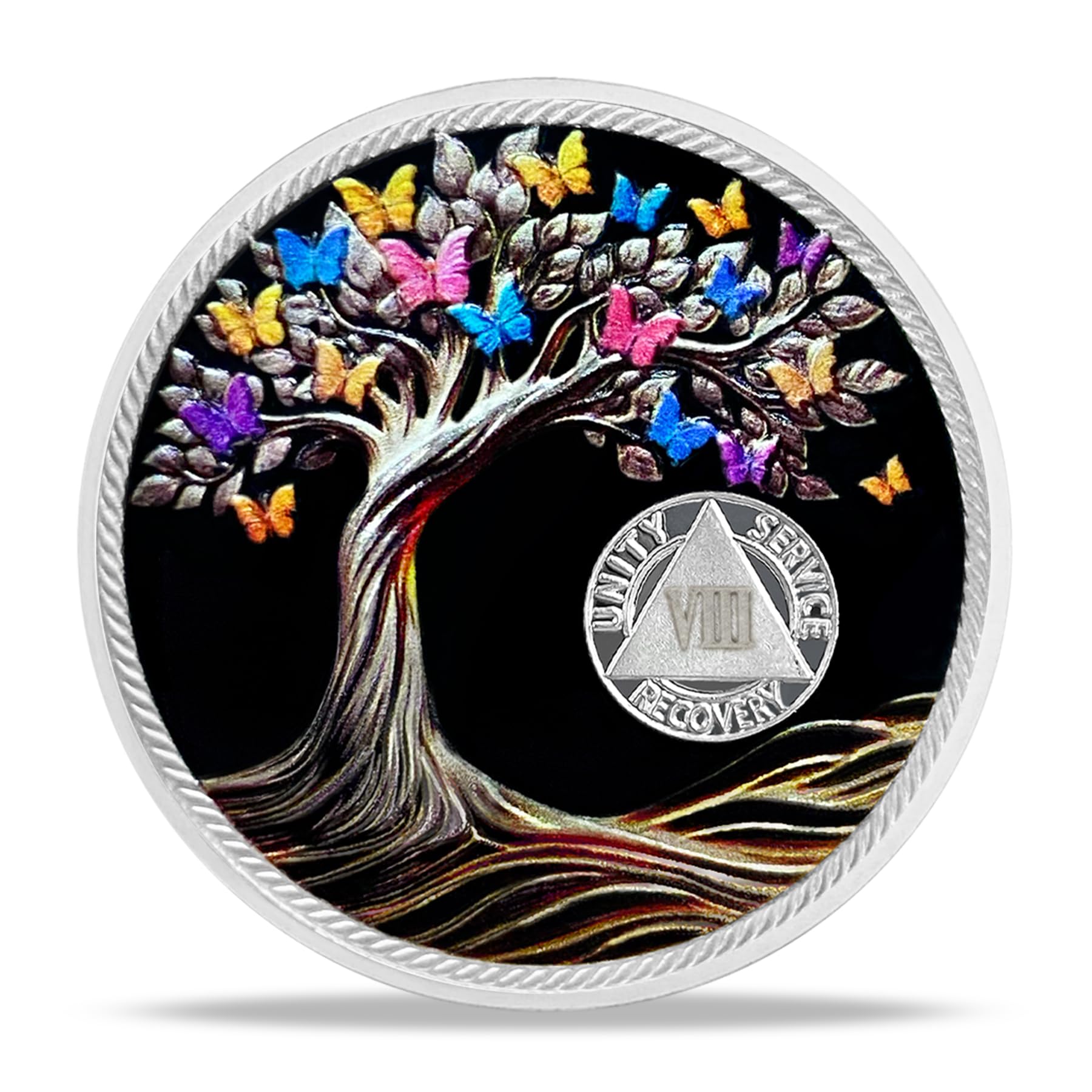 8 Year Sobriety Chip Coin Gift l Tree of Life Butterfly AA Medallion with Serenity Prayer l NA Recovery Anniversary Keepsake for Men & Women