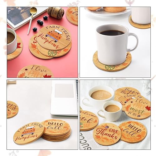 Miniatura 4 de Portavasos de madera para Acción de Gracias, juego de 6 posavasos redondos de bambú para protección de mesa, botella de vidrio resistente al calor,