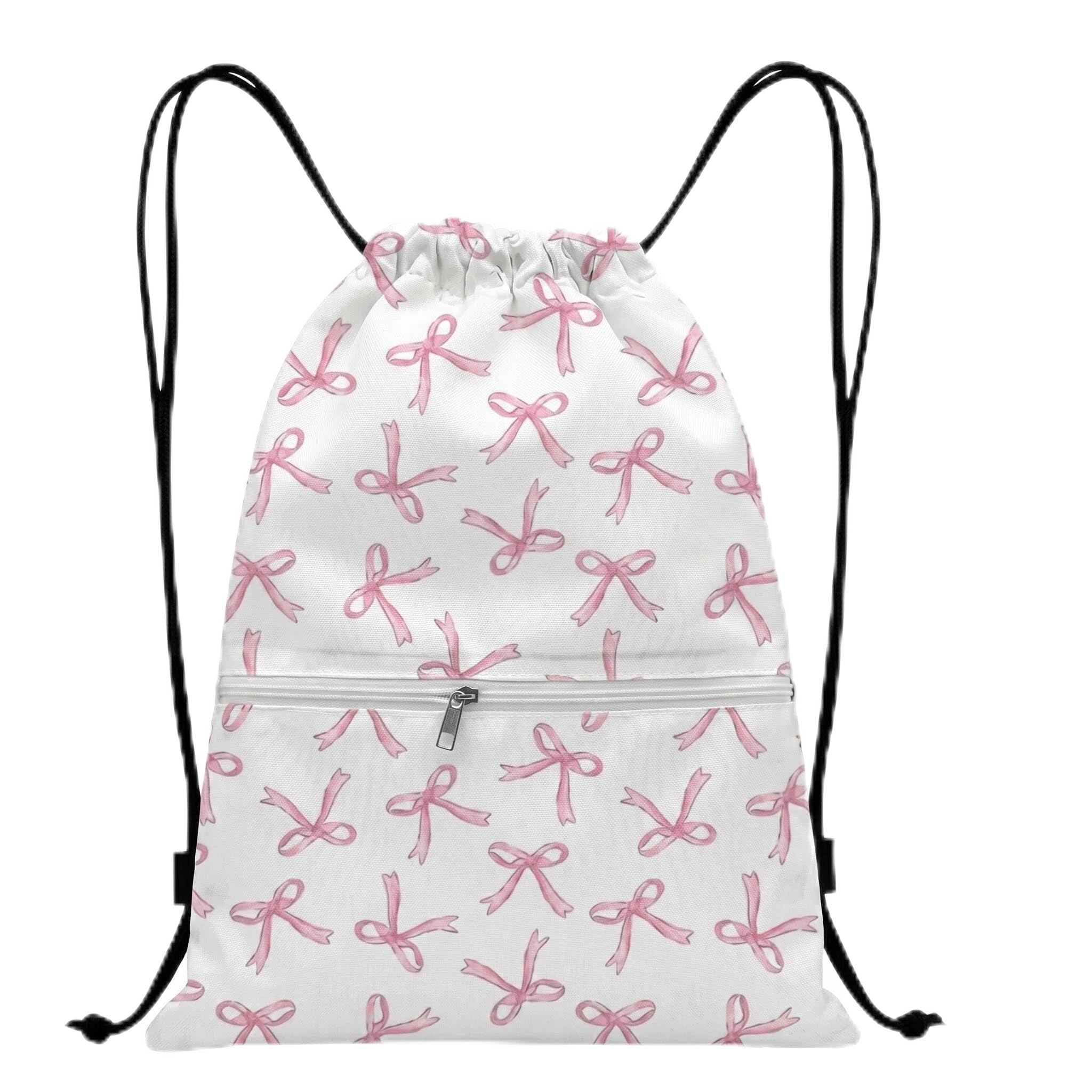 Enjoyaa Drawstring Bags for Kids Adults Girls Women,Pink Bow Drawstring Bags Waterproof Swim PE Draw String Bag with Zipper for Swim,Gym Sack,Sports,School,Climbing,Hiking