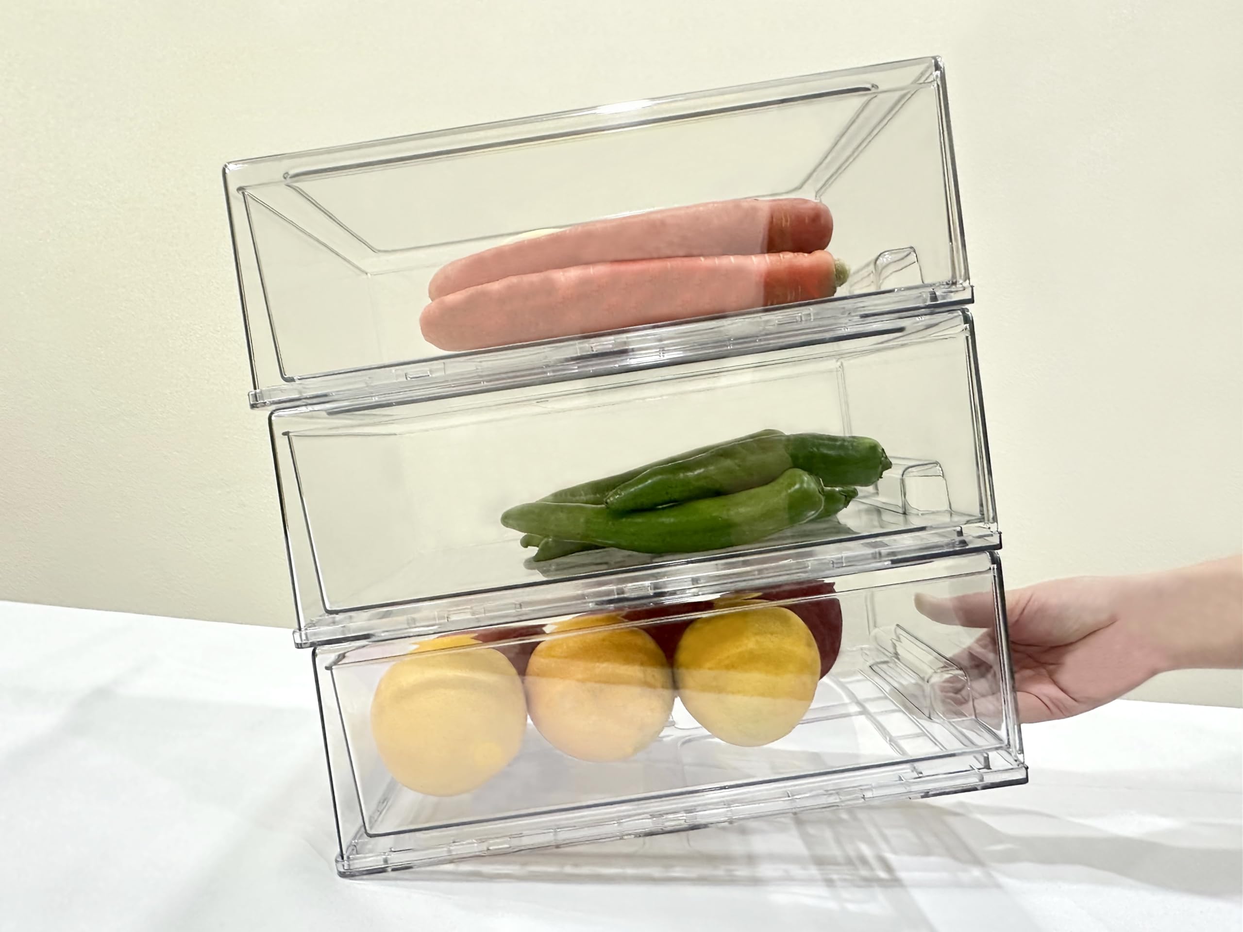 Cajones de almacenamiento apilables, organizador extraíble transparente con asas y almohadillas antideslizantes para cocina, refrigerador, escritorio de oficina, despensa y estantes, perfecto para 4