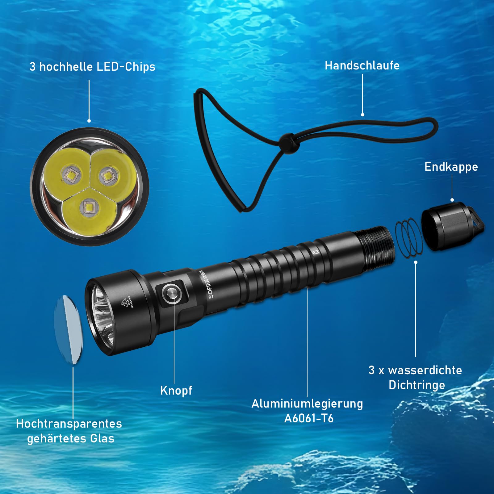 Sofirn SD09L - Linterna de buceo LED, 6800 lúmenes, linterna LED para buceo, IPX8 sumergible hasta 100 m, 3 LEDs de alto rendimiento con baterías recargables