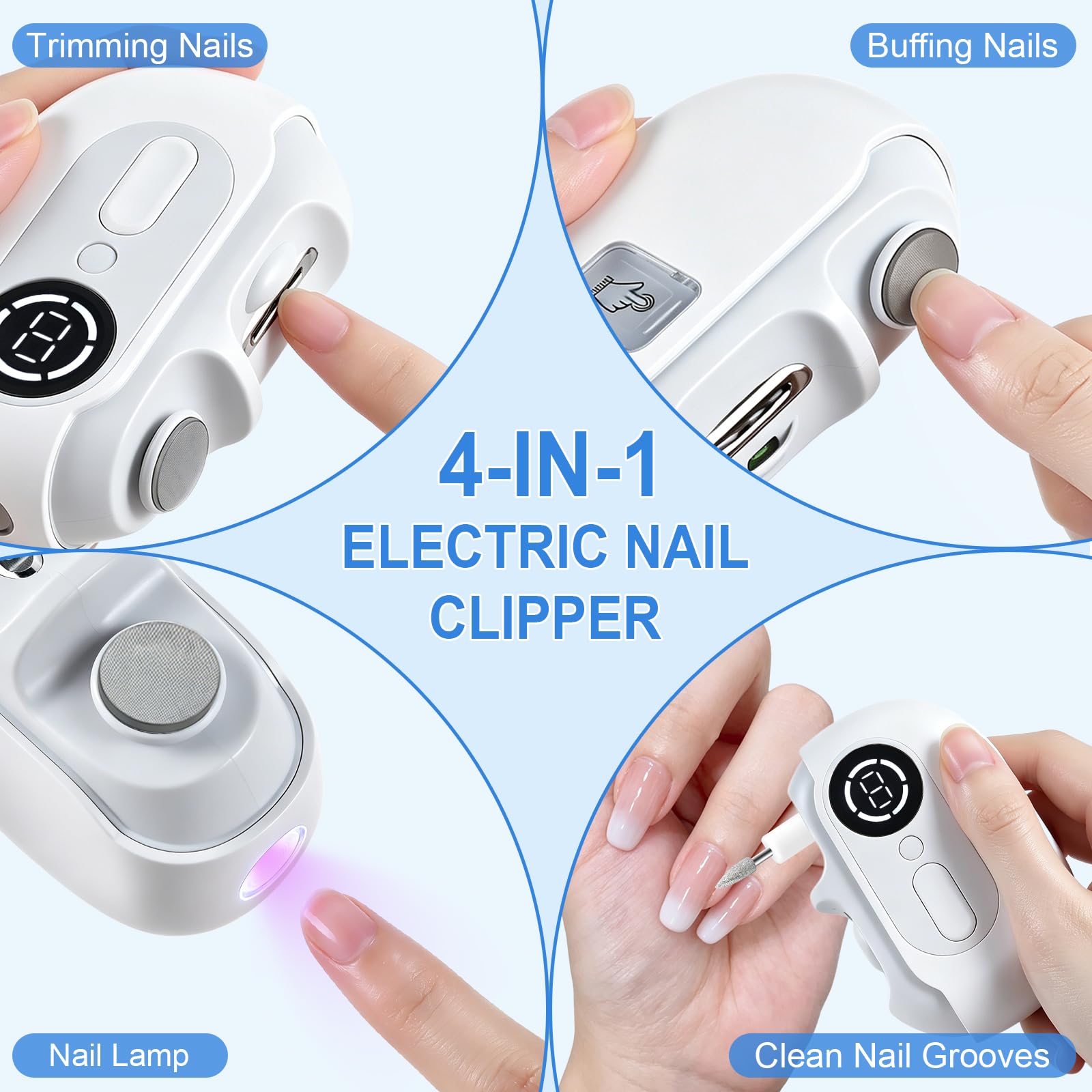 4 En 1 Coupe Ongle Electrique,Coupe-Ongles Automatique,Faible Bruit | avec Lumière LED,2 Têtes de Broyage,Chargement USB,Coupe Ongle Lime Électrique,pour Bébés,Adultes,Personnes Âgées