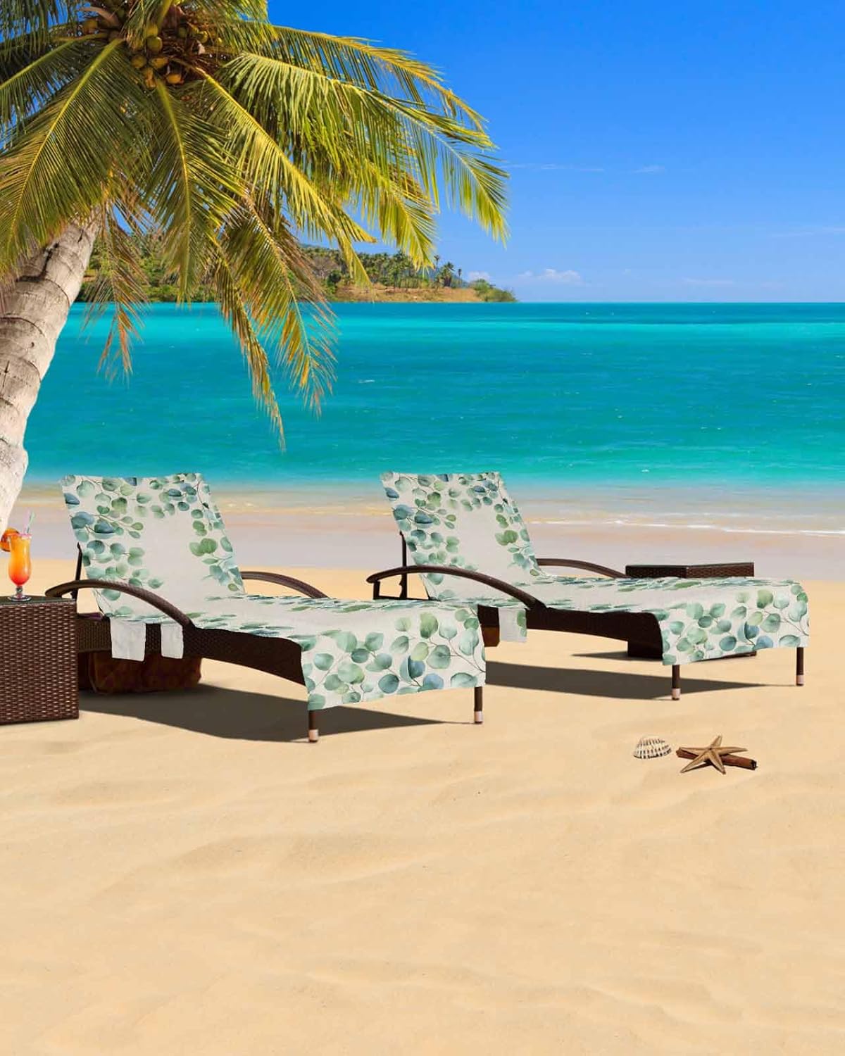 Spring Botanical Leaves Beach Pool Patio Lounge Chaise Chair Cover Towel With Pockets,Absorbent & Quick Dry Microfiber Towel Cover Bag Summer Sunbathing Accessories Summer Green Gold Eucalyptus Leaves