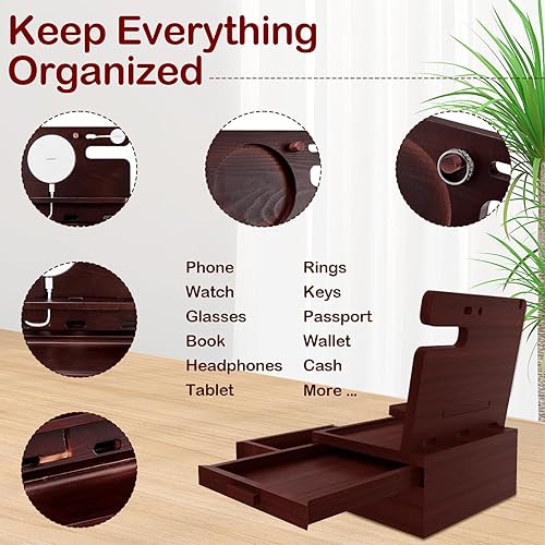 Miniatura 5 de MD MADOATS Estación de acoplamiento de madera para teléfono, regalo para hombres, soporte de carga para teléfono celularrelojaudífonos, organizador