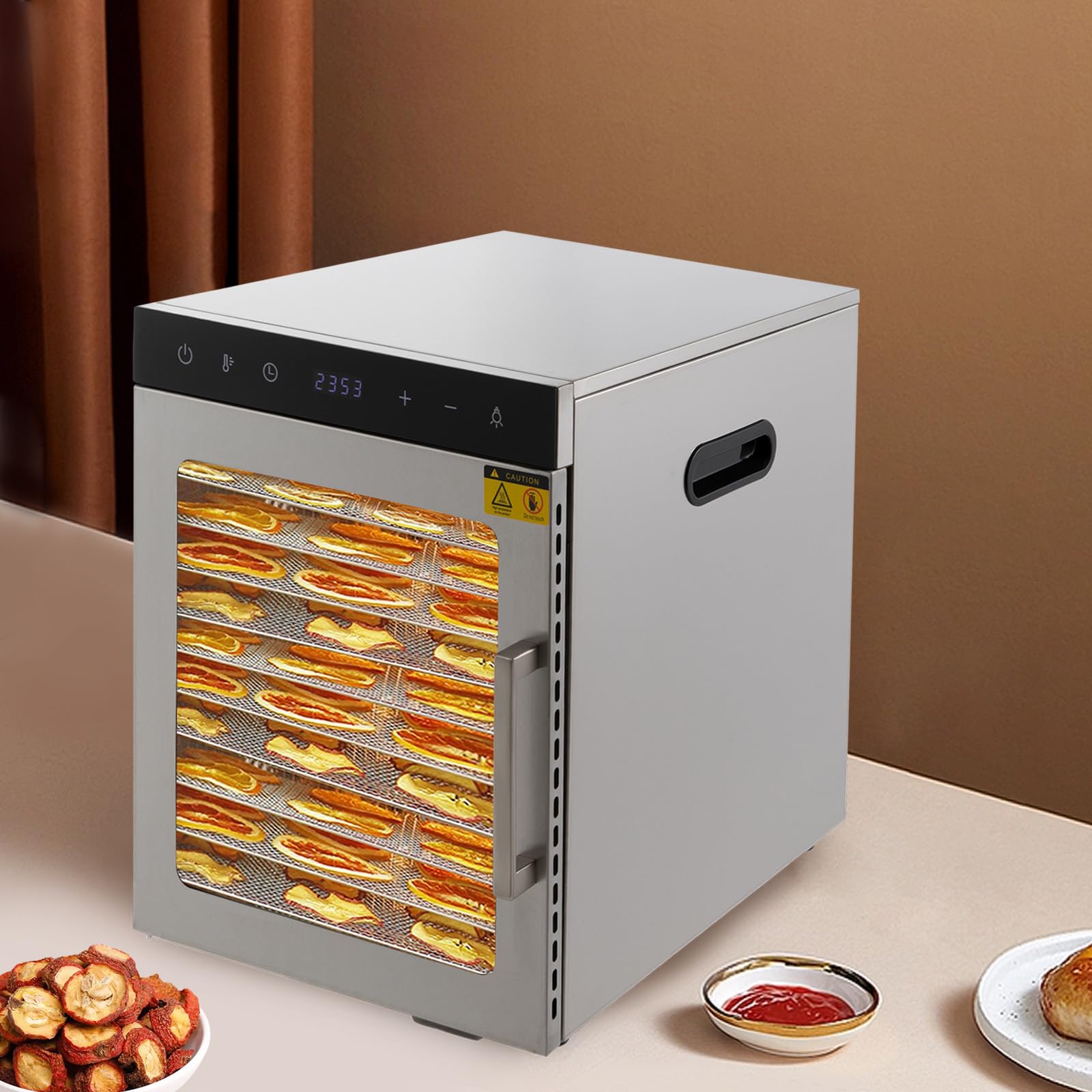 Disidratatore completamente in acciaio inox a 10 livelli, regolazione della temperatura regolabile da 30 a 80 °C, essiccatore per frutta e verdura, pannello LED con doppi manici e clip per alimenti