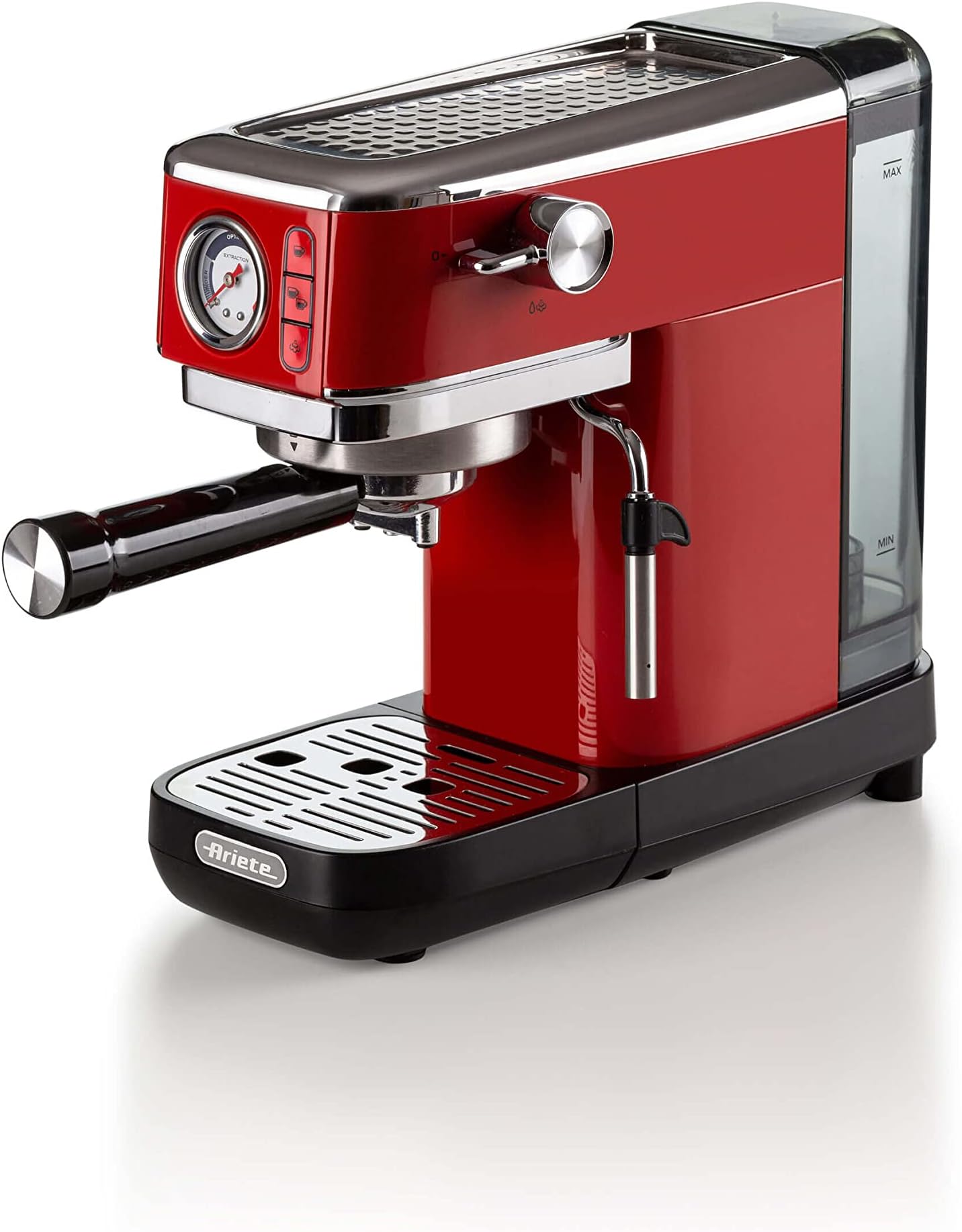 Ariete 1381 Coffee machine with pressure gauge, compatible with ground coffee and ESE pods, 1300 W, 1.1 L capacity, 15 bar pressure, ½ cup filter, Cappuccino device, Red