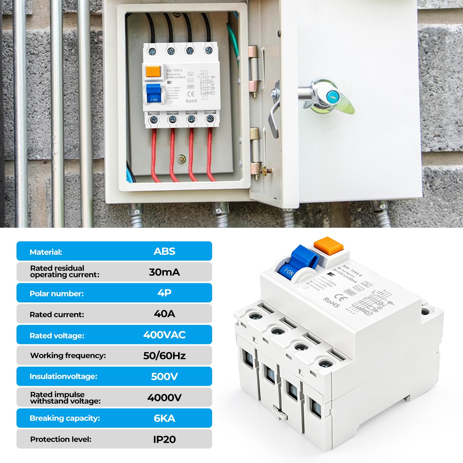 Wyłącznik FI 40A 30mA 4-biegunowy Typ B, wrażliwy na wszystkie prądy RCD Wyłącznik nadprądowy dla fotowoltaiki, Wallbox i falowników, 400V Elektromagnetyczny RCD (R80-4P-40A)