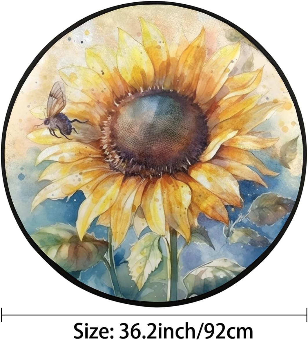 Round Rug 3' Area Rug Indoor Carpet Mat Watercolor Rustic Yellow Sunflower Non-Slip Floor Mat for Bathroom Office Classroom Bedroom Nursery