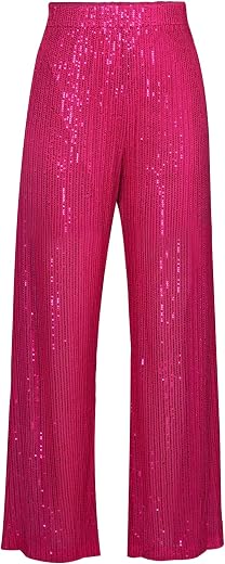 Women Sparkle Outfits Sequin Long Sleeve Blouse Shirt Top Glitter Long Loose Pants Bling Party Clubwear Streetwear, Pink P...