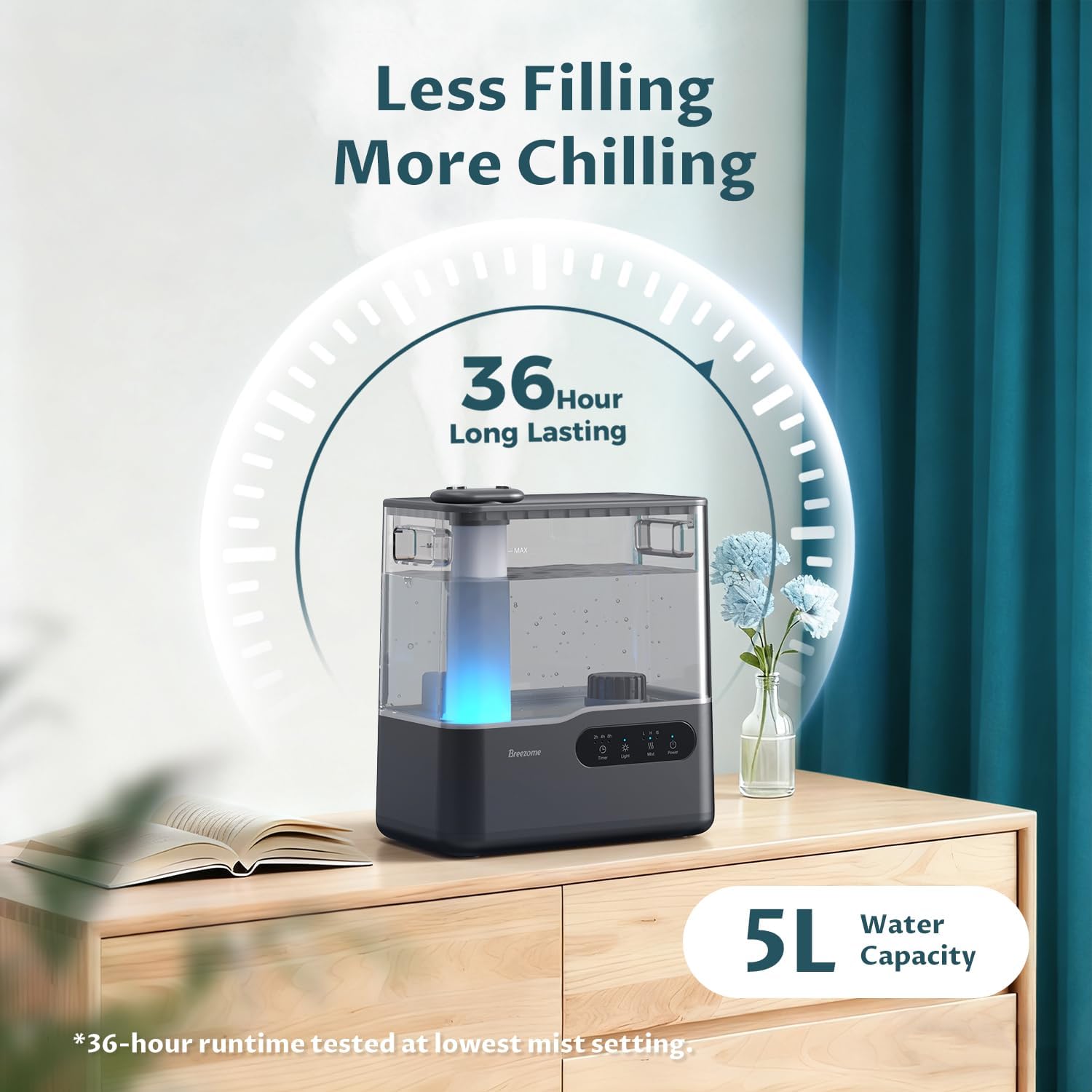 BREEZOME 5L Humidifiers for Bedroom Large Room, 36H Top Fill Cool Mist Humidifier with Essential Oil Tray, 7-Color Mood Light, Timer, Quiet Ultrasonic Humidifier for Home, Baby Nursery, Plants 4