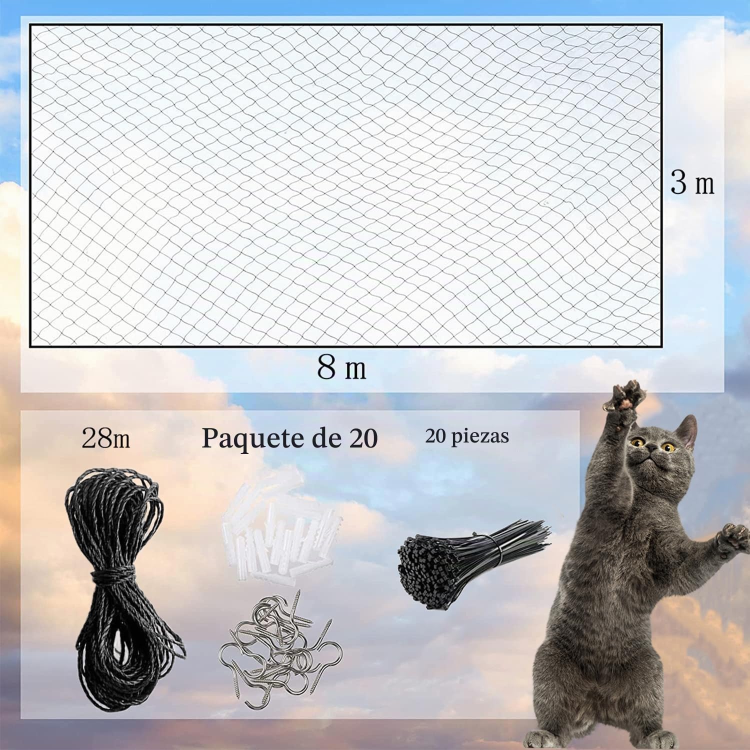 Red para Gatos para balcón, 8 x 3 m, Alambre Reforzado, con Cuerda de fijación de 25 m, Fuerte, Duradera, Resistente a los Rayos UV, Resistente a la Intemperie (Negro, 3 * 8M)