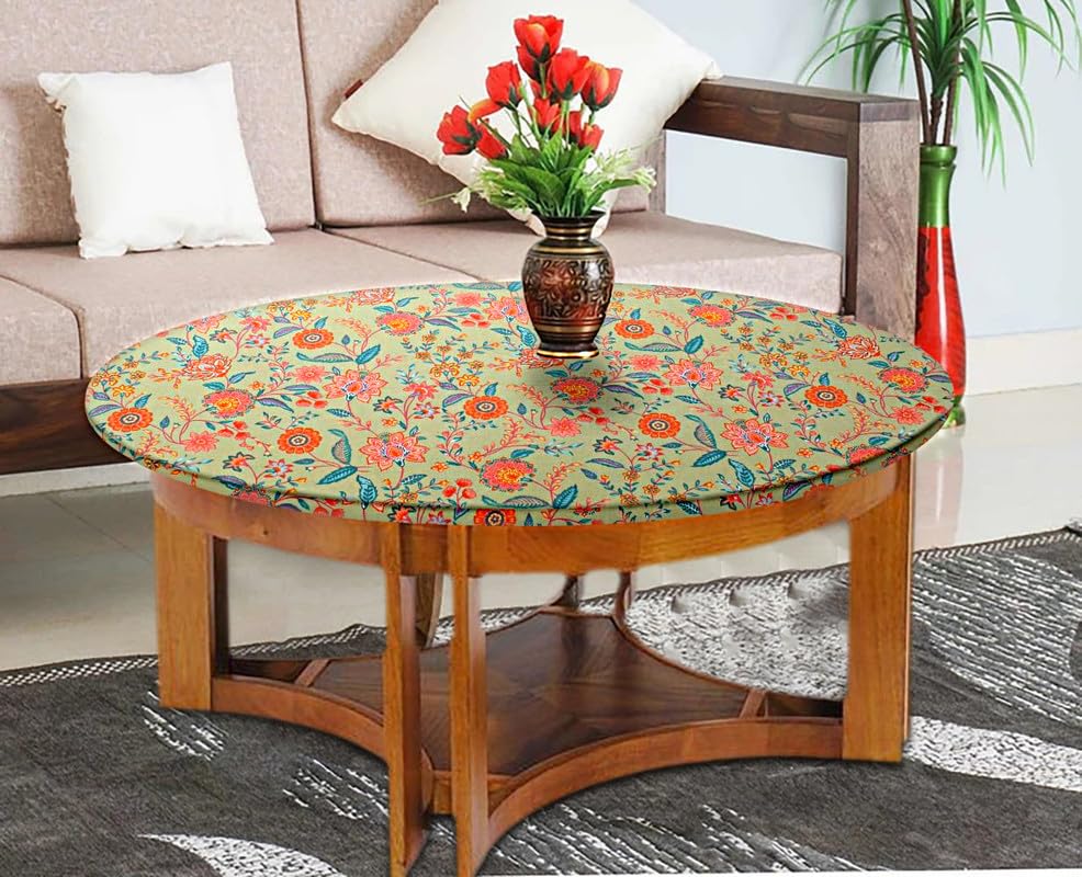 Image of The Furnishing Tree Elastic Cotton Round Center Table Cover 28 in Inches Floral Multicolor on Green Base