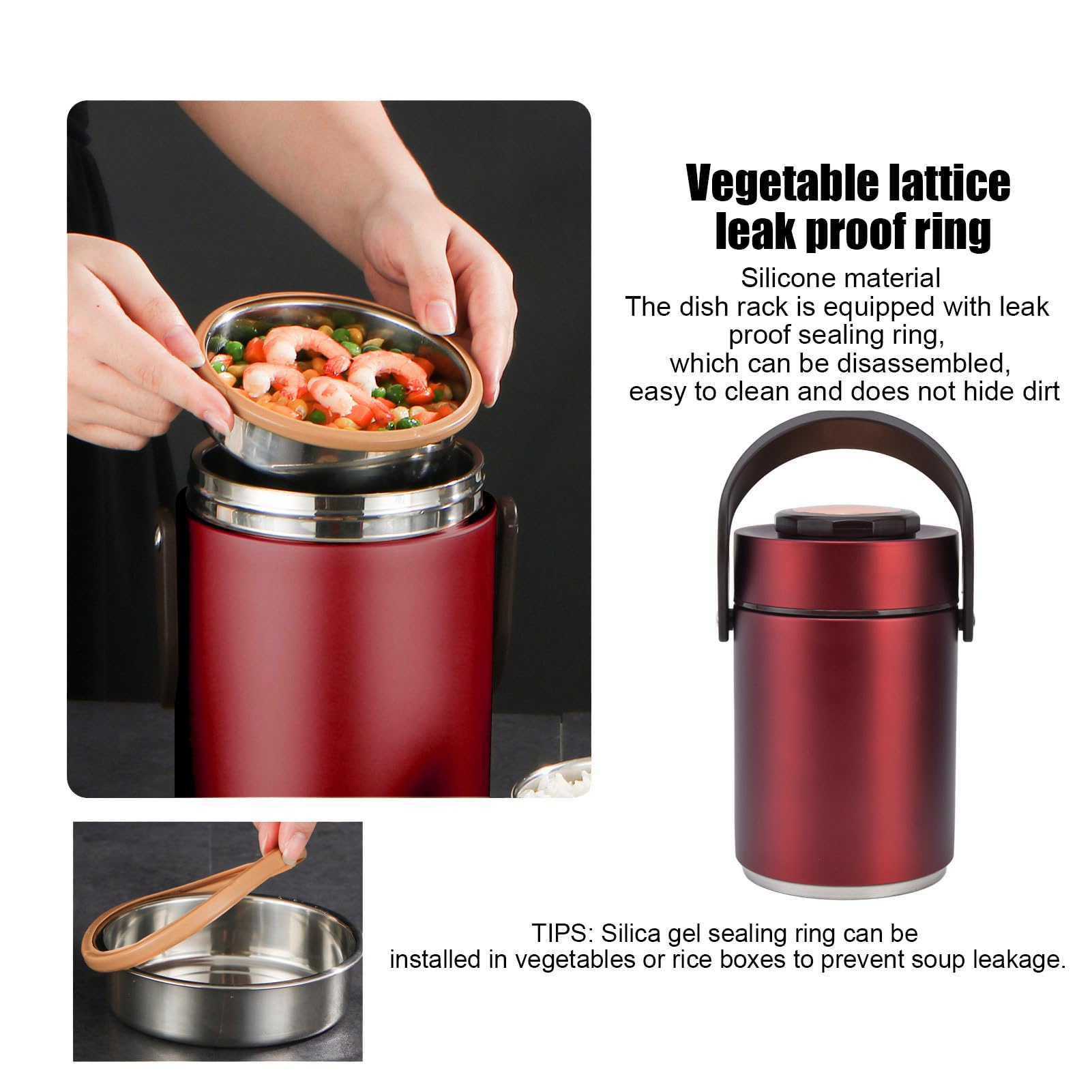 BuyWeek Thermos per Alimenti Caldi, 2000 ml Contenitore Termico per Alimenti in Acciaio Inossidabile Impilabili Contenitore per il Pranzo Isolato a 3 Strati (Rosso)