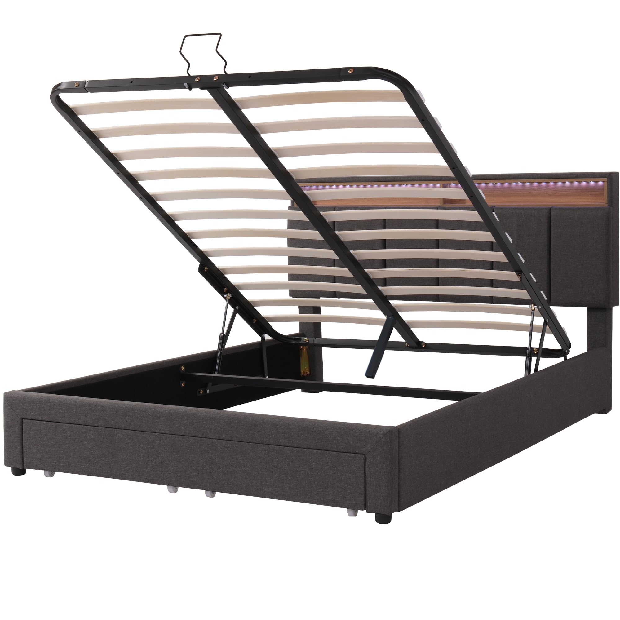 Cama Tapizada de 140x190 cm con LED y 2 Cajones, Estructura de Cama Doble con Soporte de Láminas y Almacenamiento Hidráulica, Cabecero con Almacenaje, Lino, Gris, Sin Colchon