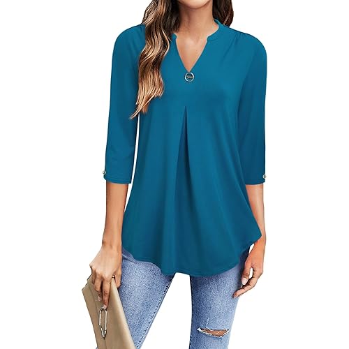 VALOLIA Womens Tops 3/4 Sleeve Shirts V Neck Blouses Dressy Casual Tunic Tops M-XXL