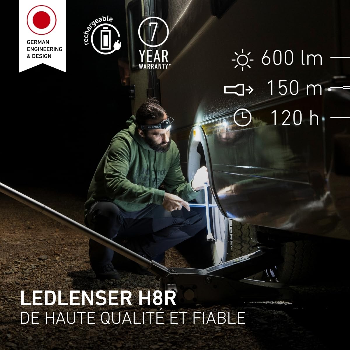 Ledlenser H8R |2017|Lampe frontale rechargeable LED, 600 lumens, 150 m, 120h d’autonomie, lumière arrière rouge, câble de Charge USB – Trail, chasse, DIY, travaux