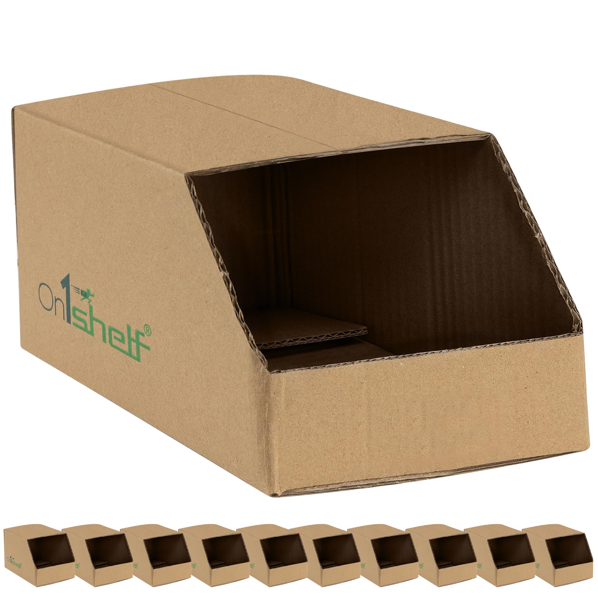On1shelf Brown On1shelf® 10Pcs Stackable Cardboard Boxes, Corrugated Storage Bins, Pantry Organiser Bins For Shelves, Garage Office Organisation (275(L) X140(W) X130(H))