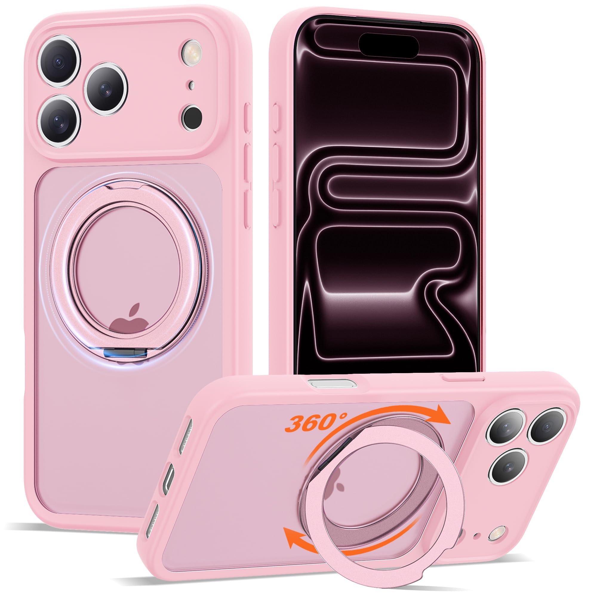Custodia magnetica per iPhone 17 Pro 16 cm, rosa | Supporto magnetico ad anello, compatibile con Mag-Safe, protezione di grado militare, custodia sottile traslucida opaca per