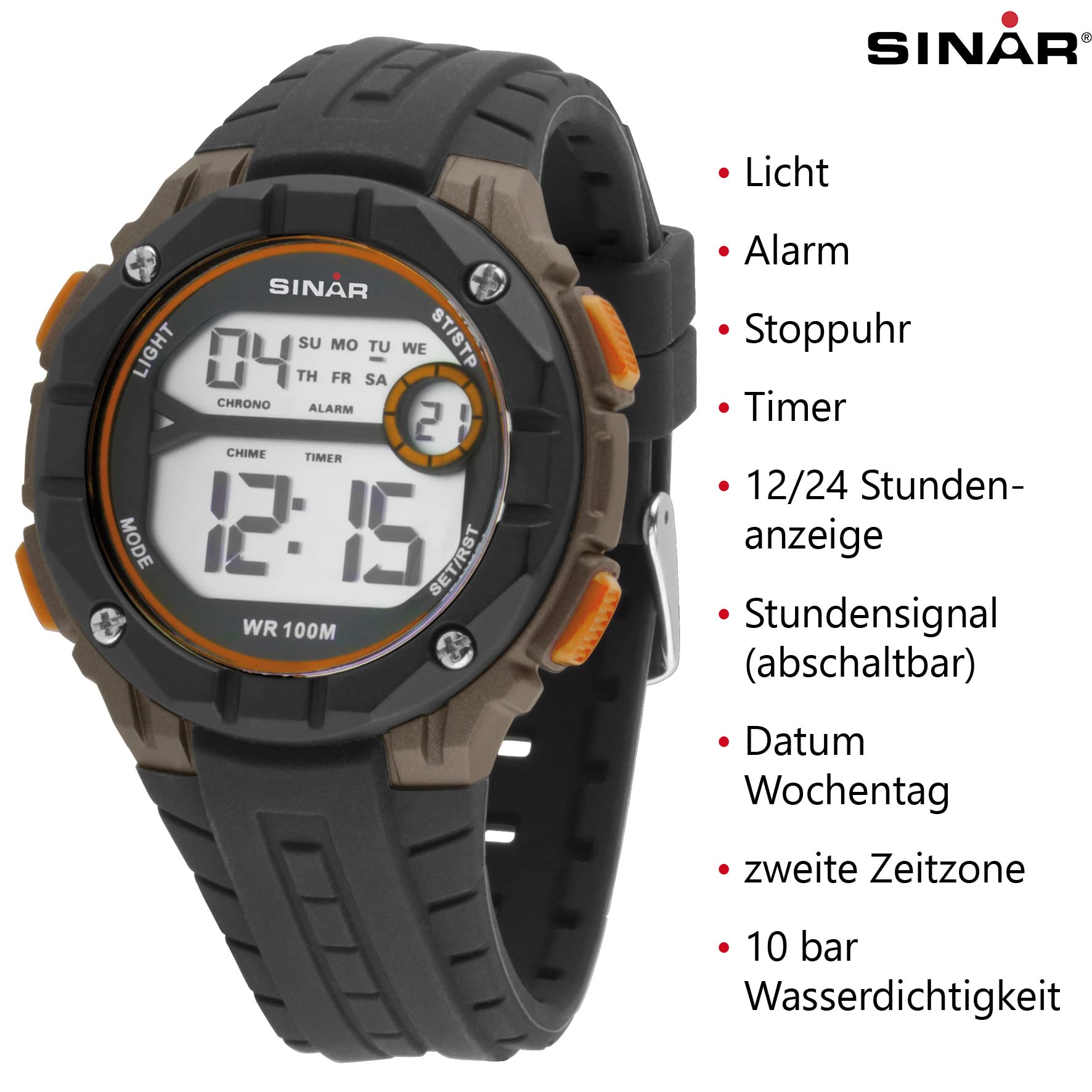 SINAR zegarek młodzieżowy sportowy outdoor cyfrowy kwarcowy czarny pomarańczowy brązowy 10 bar wodoszczelny światło XE-56-9