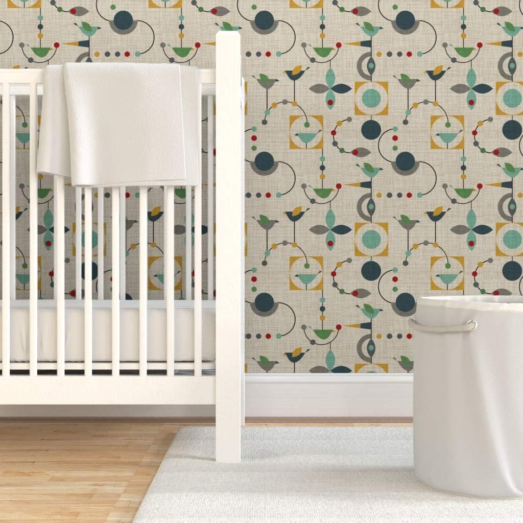 Peel & Stick Wallpaper Swatch - Green Geometric Mid Century Modern Bird Rocket 1950S Atomic Birds Retro Gender Neutral Custom Removable Wallpaper by Spoonflower