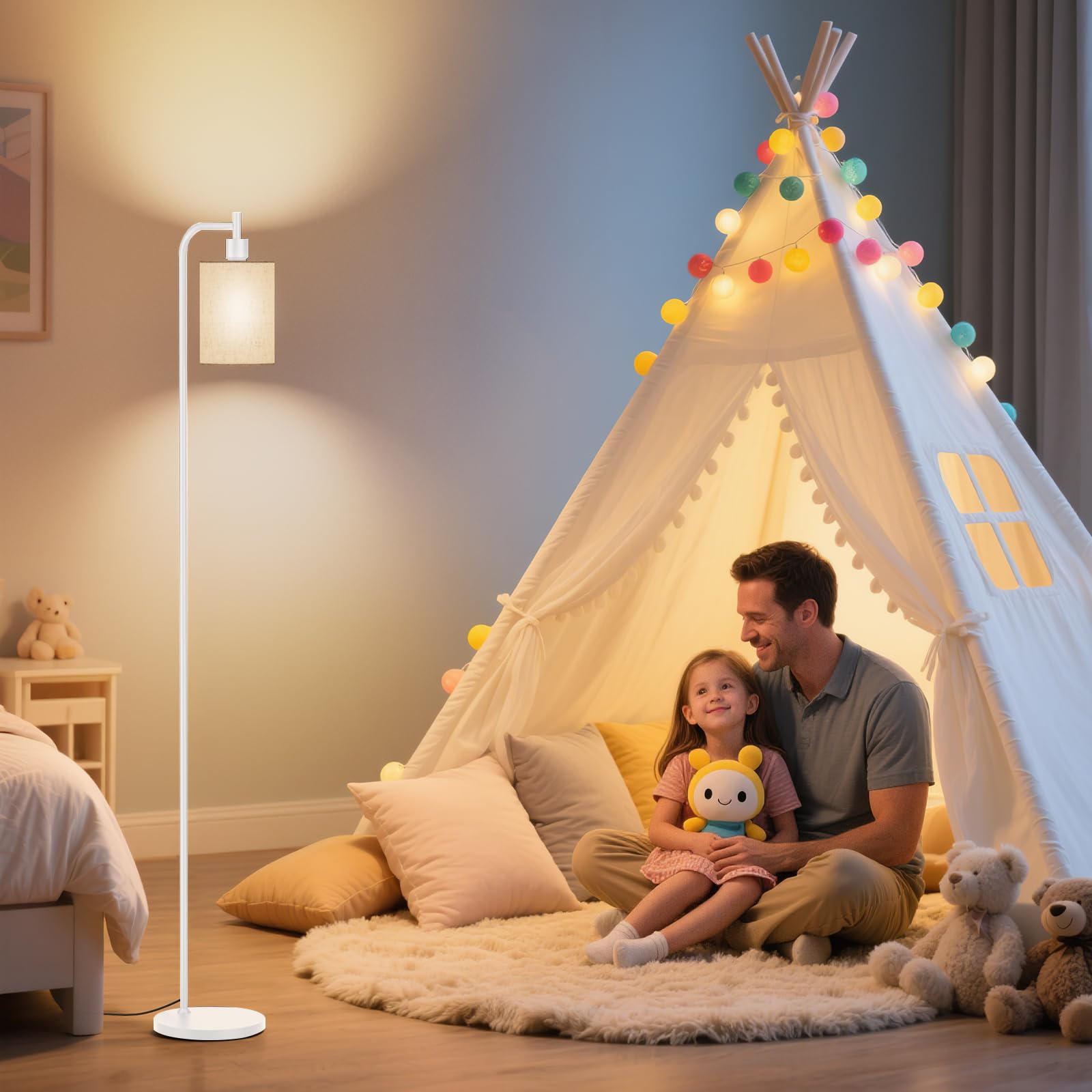 SIBRILLE Lampada a stelo dimmerabile con paralume in lino, lampada a LED con telecomando e 3 temperature di colore, moderna lampada a stelo per soggiorno, camera da letto, ufficio e angoli, con