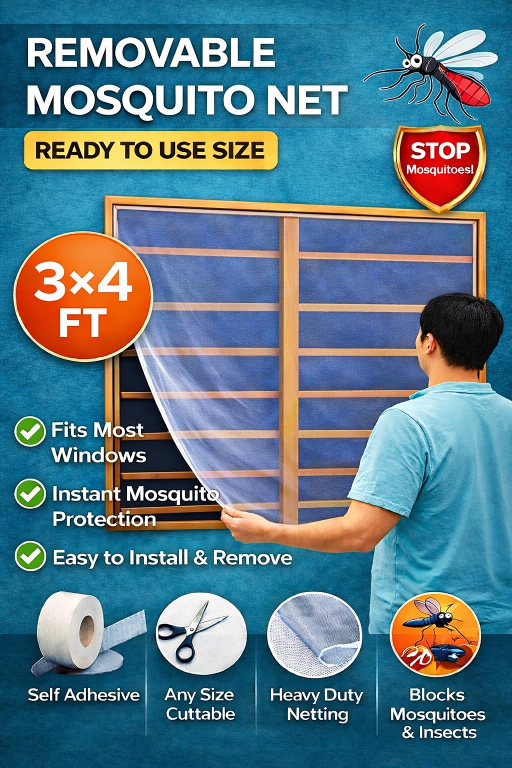 Pre-Stitched Self Adhesive Window Mosquito Net | Strong Velcro Fix | Anti Mosquito & Fly Protection | Easy Fit (3 X 4 FT / 90 X 120 CM)-image-17