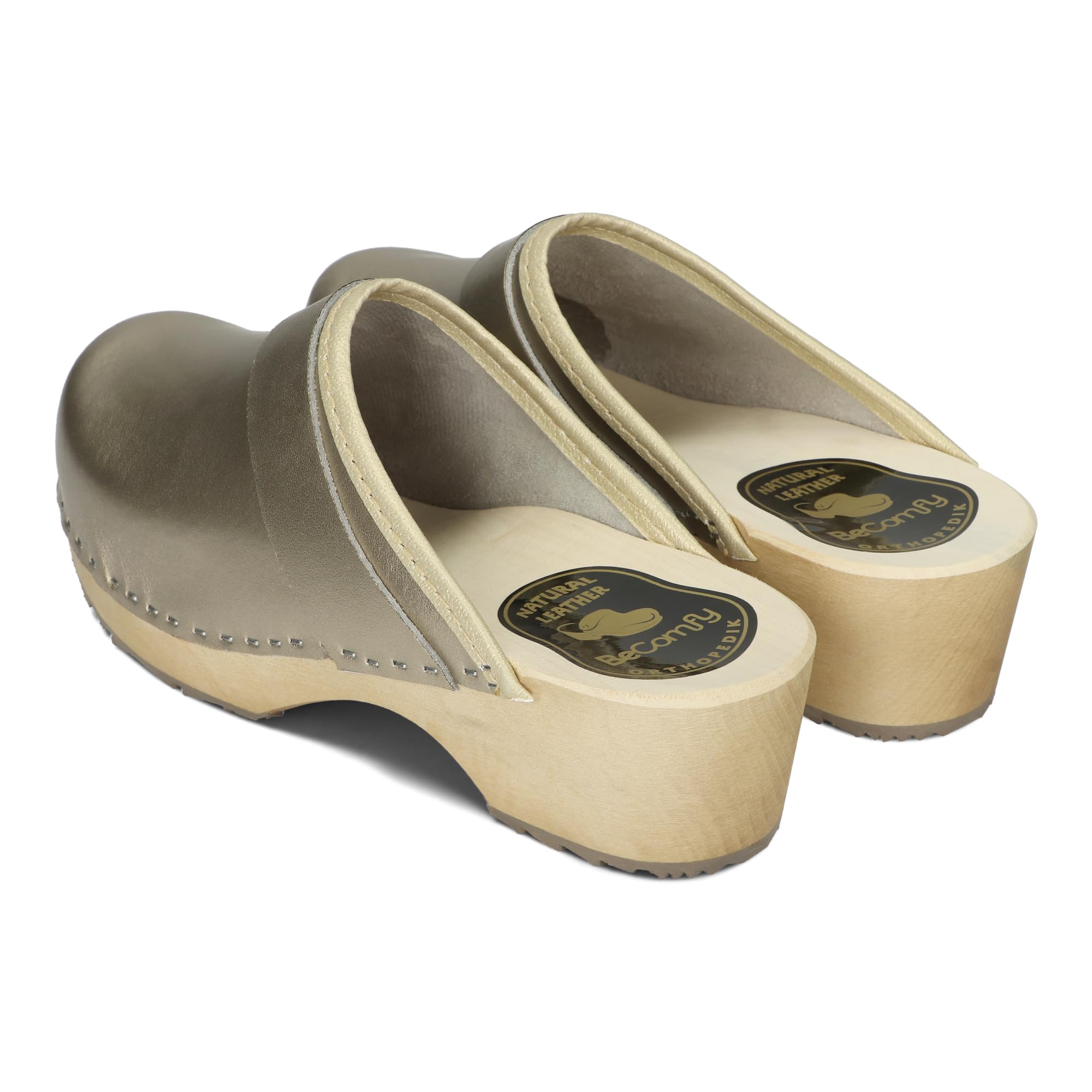 BeComfy Sabots en Cuir pour Femme Mules à Talons en Bois Métallique Or Argent Rouge 35 36 37 38 39 40 41 EU
