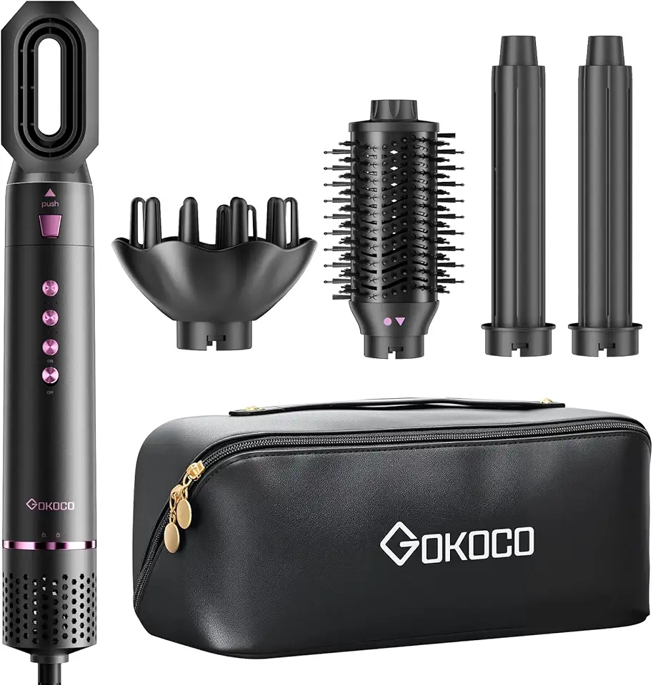 GOKOCO Escova Secador de Cabelo Profissional 5 em 1 - Kit Modelador com Bocal, Difusor, Escova Secadora, 2 Modelador de Cachos, íons Negativos Alta Velocidade Para Secar, Alisar e Enrolar, GD031 220v Preto