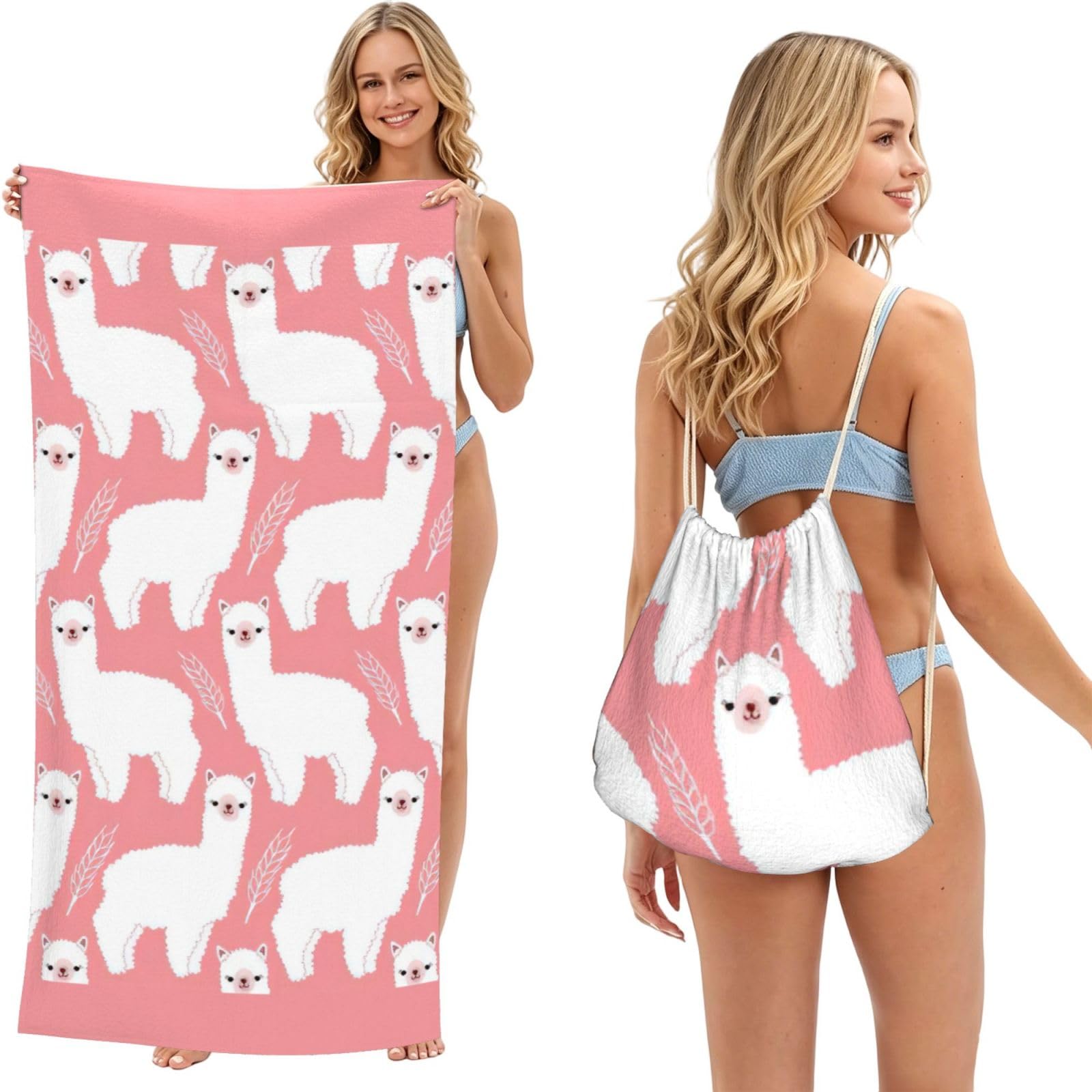 aacxzff Alpaca Llama Print 2 in 1 Packable Towel Bag, Drawstring Beach Towel Backpack,80x160cm for Beach trips