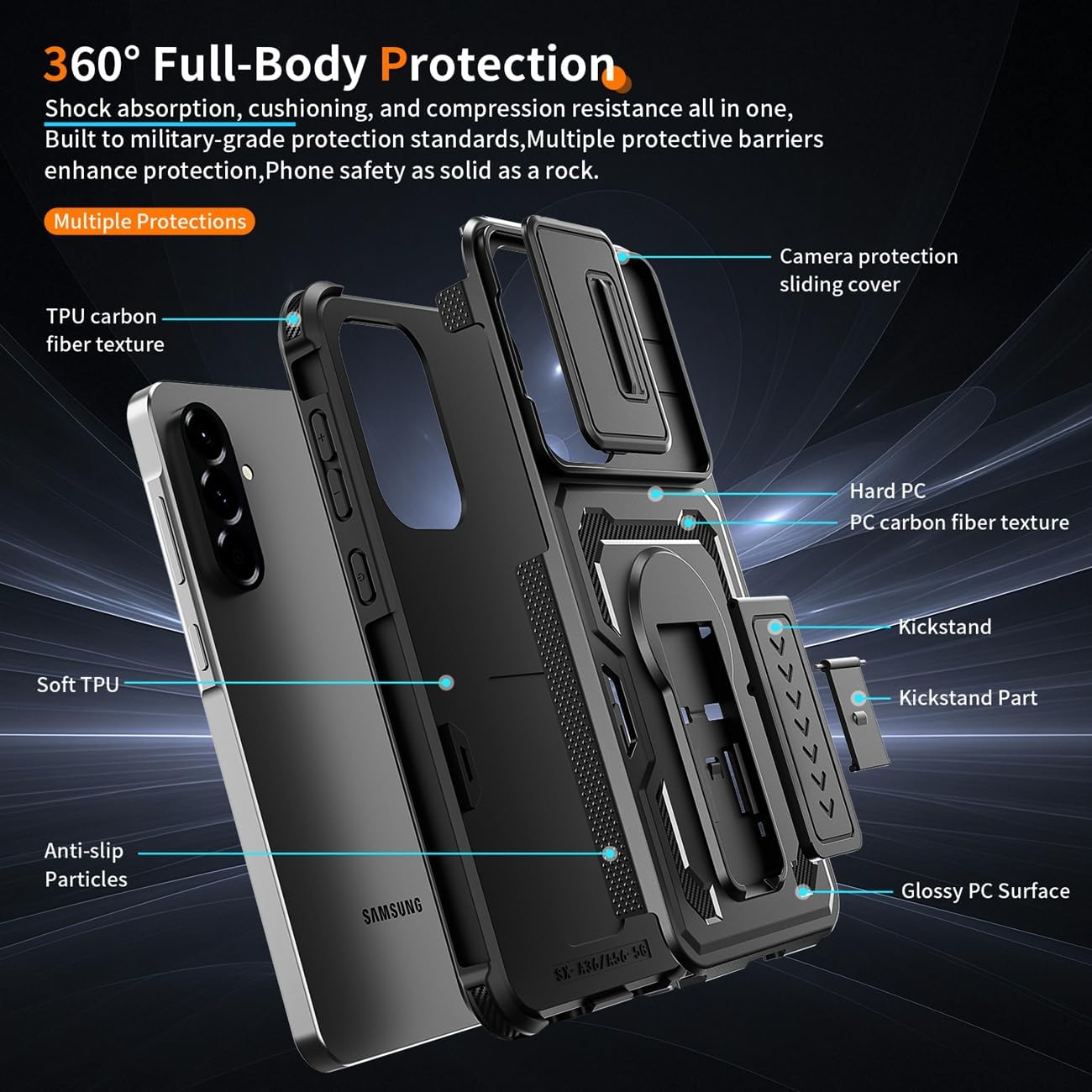 Case for Galaxy A36 5G Case/Galaxy A56/Galaxy A37 SM-A366U Cases with Tempered Glass Screen Protector and Slide Camera Cover,Military Grade Kickstand Phone Cover for Samsung Galaxy A36 5G Black