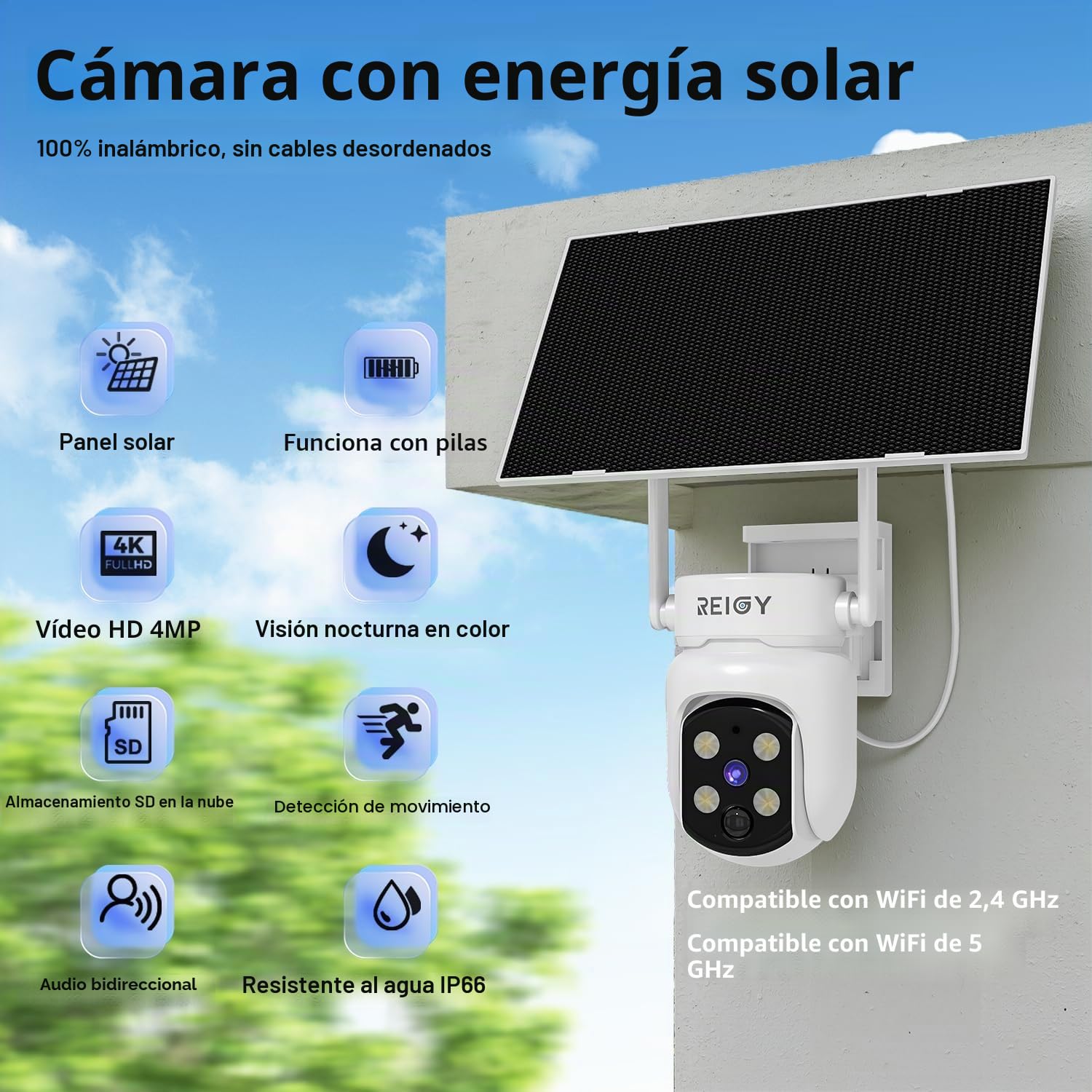REIGY 4MP Kit Camara de Vigilancia WiFi Exterior/Interior Solar con Tarjeta SD de 64GB, 10CH Sistema Camara Seguridad sin Cable, 2X 360° PT Camera Visión Nocturna, Detección Movimiento, Audio 2 Vias