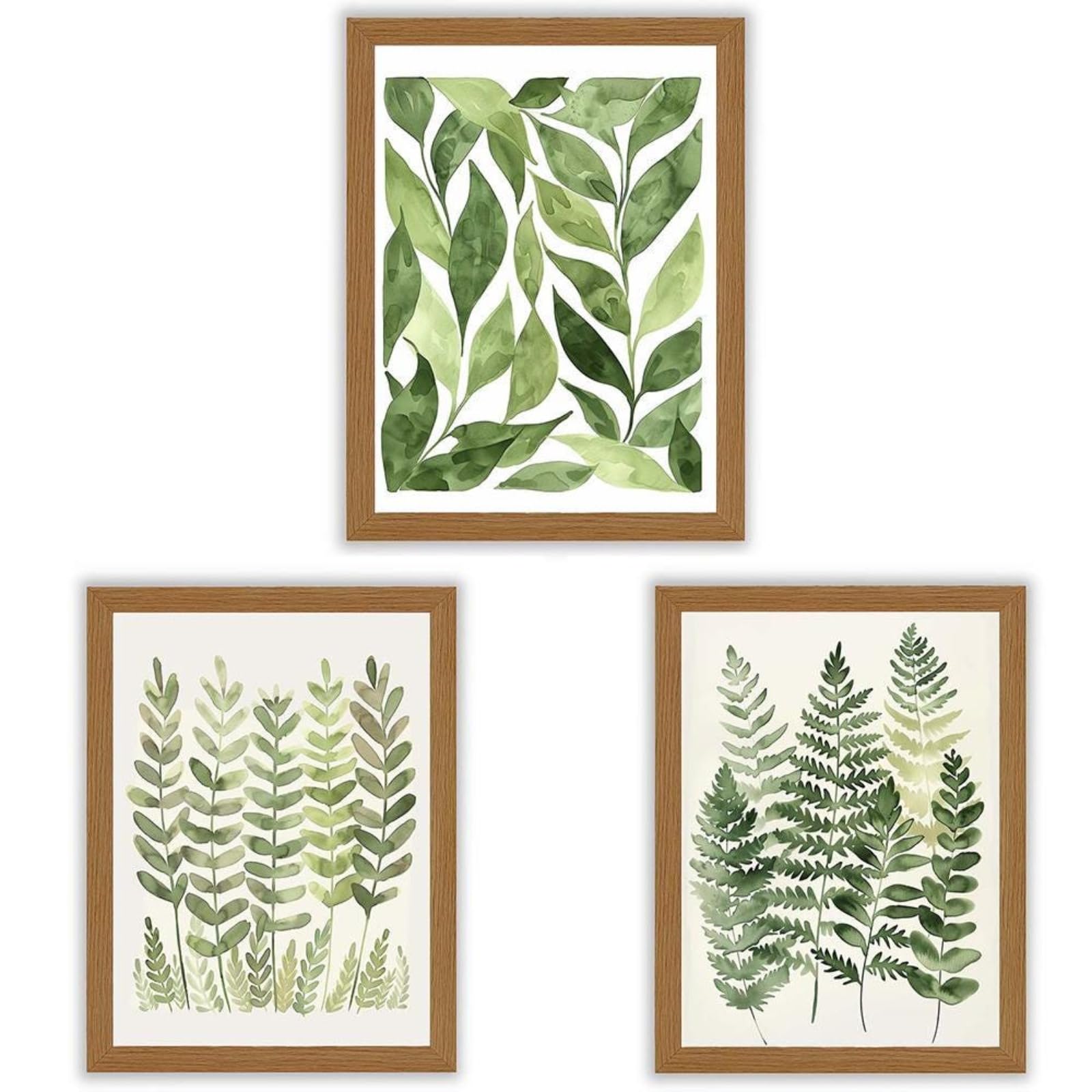 AMOSIJOY Soft Green Botanical Wall Art Prints Set of 3, Fern Leaf Artwork Posters, Natural Minimalist Gallery Wall Decor for Living Room Bedroom Office, Neutral Home Decoration, Unframed (30×40cm)