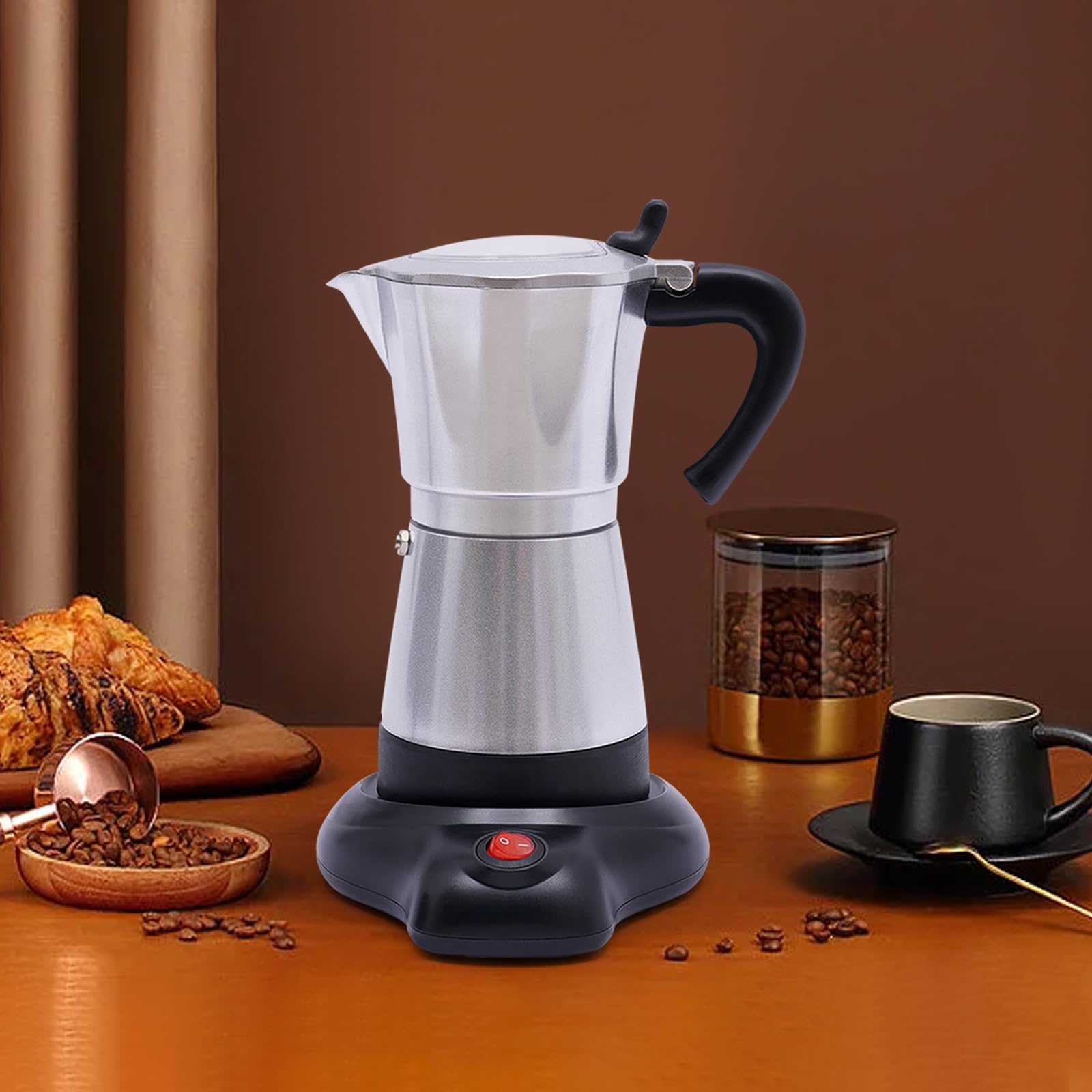Cafetera eléctrica de 480 W, cafetera italiana con 2,5 bares de presión, cafetera de 300 ml para espresso, cafetera de camping con válvula de seguridad para estufa y camping, color plateado