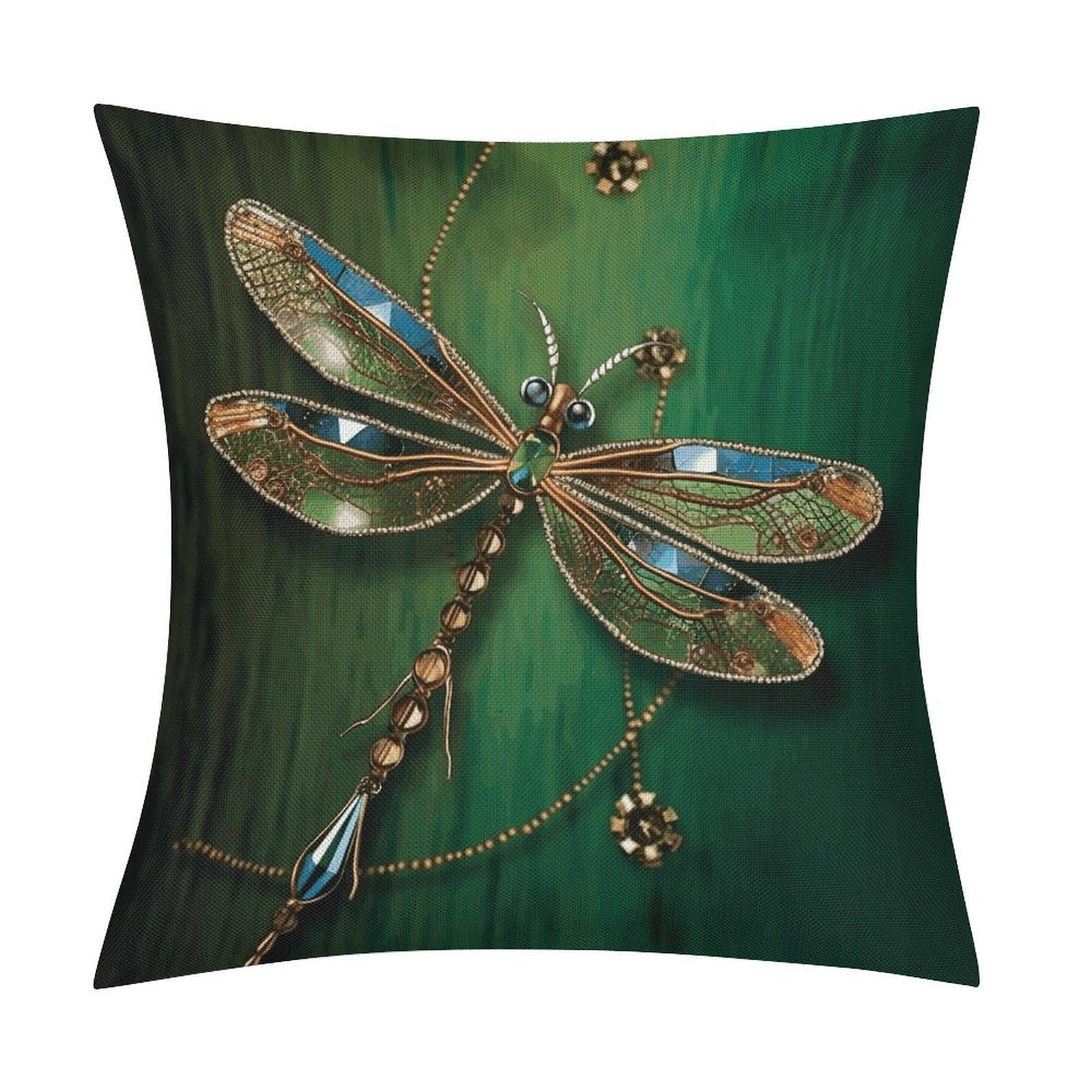 LZQPOEAS Jewel Dragonfly Throw Pillow Covers, Waterproof Faux Linen Pillow Cases with Invisible Zipper, Decorative Square Cushion Covers for Sofa Couch Living Room Bedroom 18x18 Inch