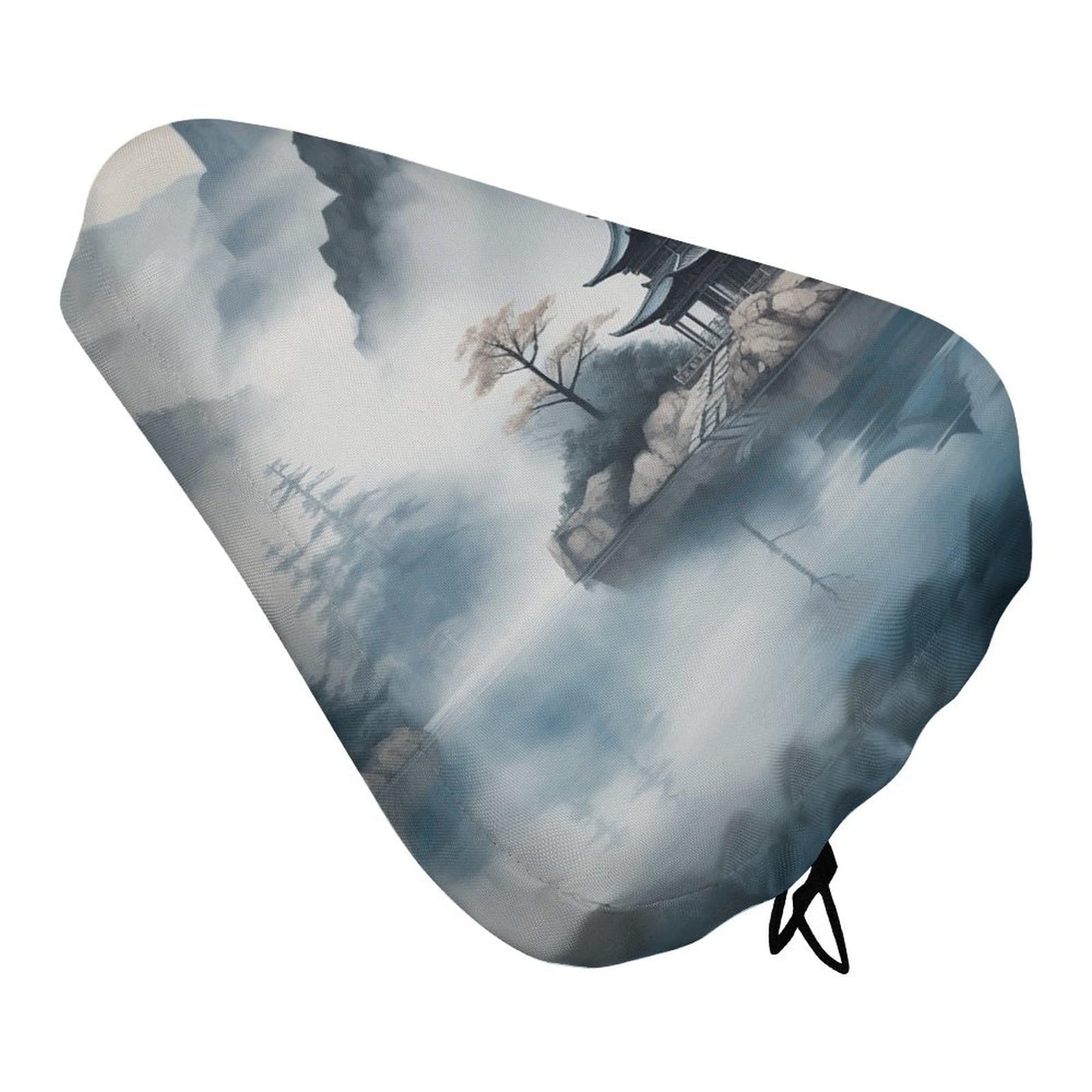 Asian Landscape Painting Bike Seat Cover for Men Women, Waterproof & Dustproof Bike Seat Cushion with Drawstring, Adjustable Bicycle Saddle Cover for Or Rain & Sun Protection