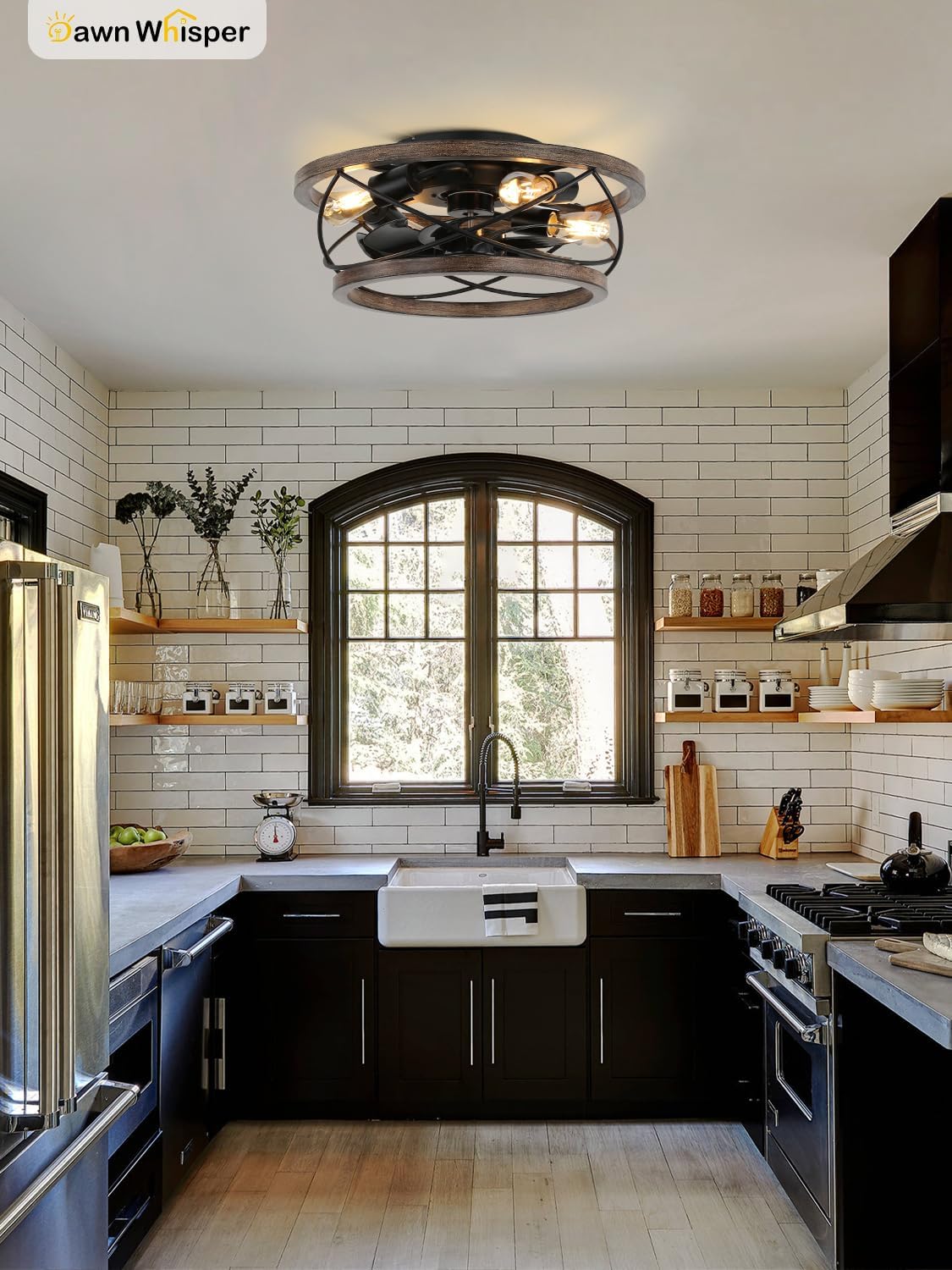 Caged Ceiling Fans with Lights, 18'' Low Profile Ceiling Fans with Lights Flush Mount, Farmhouse Industrial Ceiling Fan with Light for Bedroom, Indoor