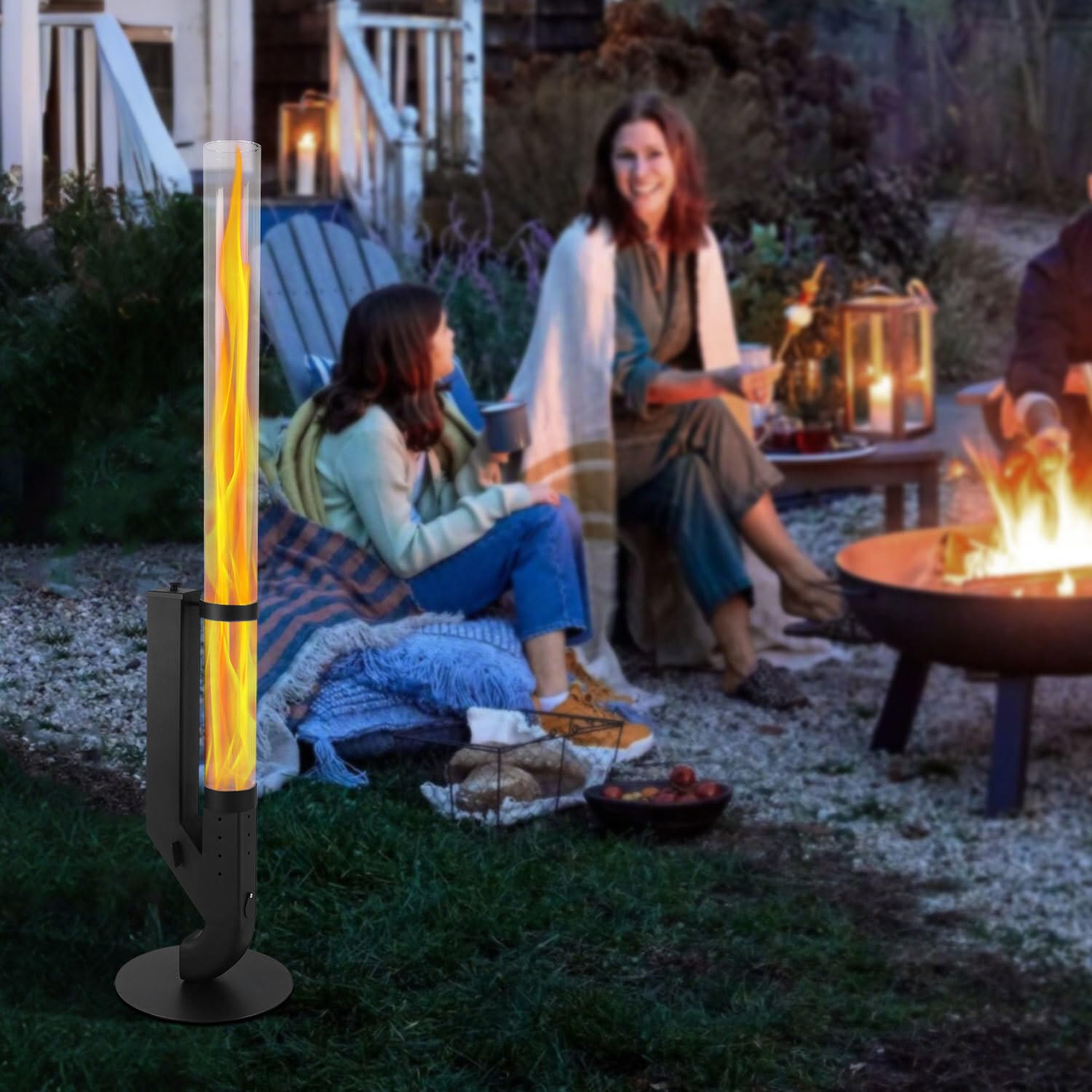 Fiqops Torcia a pellet in acciaio inox con tubo in vetro da 100 x 8 cm, per ambienti esterni, tubo di fuoco per giardino e terrazza, facile da montare