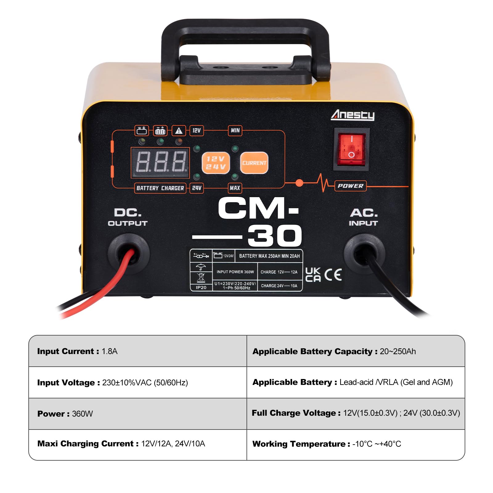 Anesty Autobatterie Ladegerät 12V/24V Smart KFZ Batterieladegerät 20-250Ah mit Schutzfunktion für Autos, LKW, Traktor, AGM, Gel Blei Säure Batterien