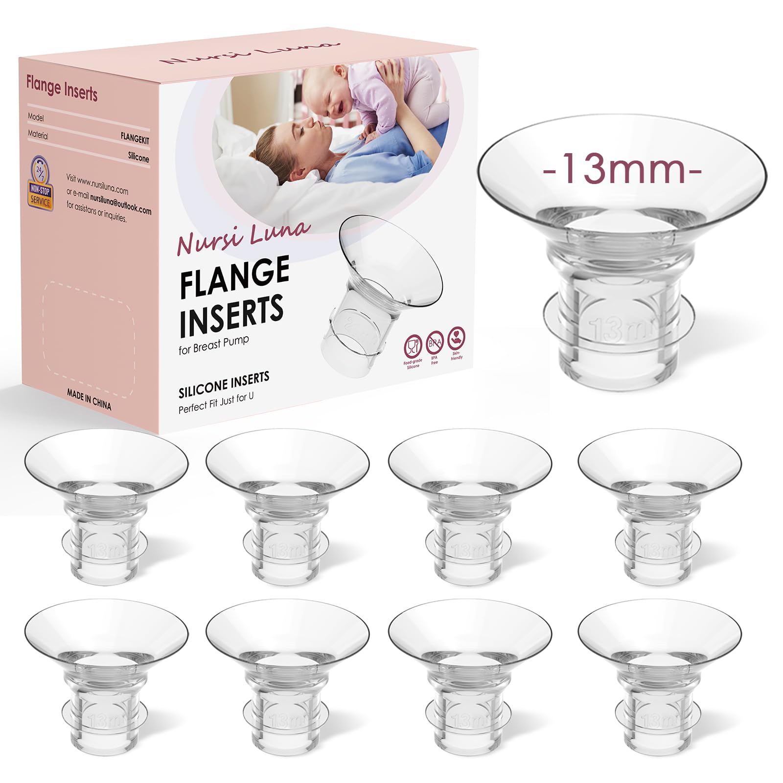 Flange Inserts 8PCS 13mm for 24mm Flange/Shield of Most Pumps, Flange Sizing Kit Silicone Flange Insert, Breastfeeding Essentials Kit for New Moms