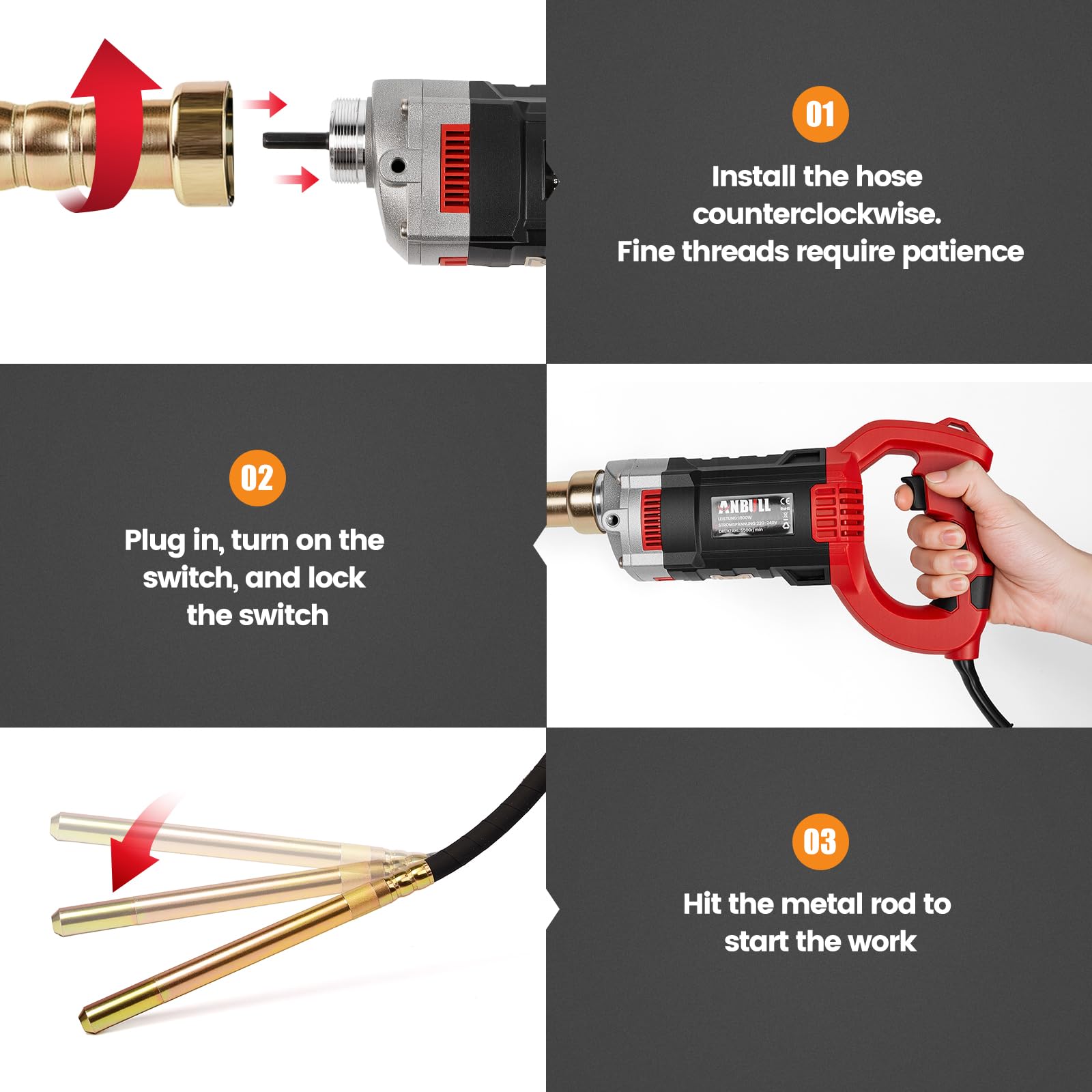 Anbull Vibratore per Calcestruzzo 4 m, 1800 W Vibratore per Cemento, 5500 rpm, Ampiezza: 0,9 mm, Concrete Vibrator, Rosso e nero