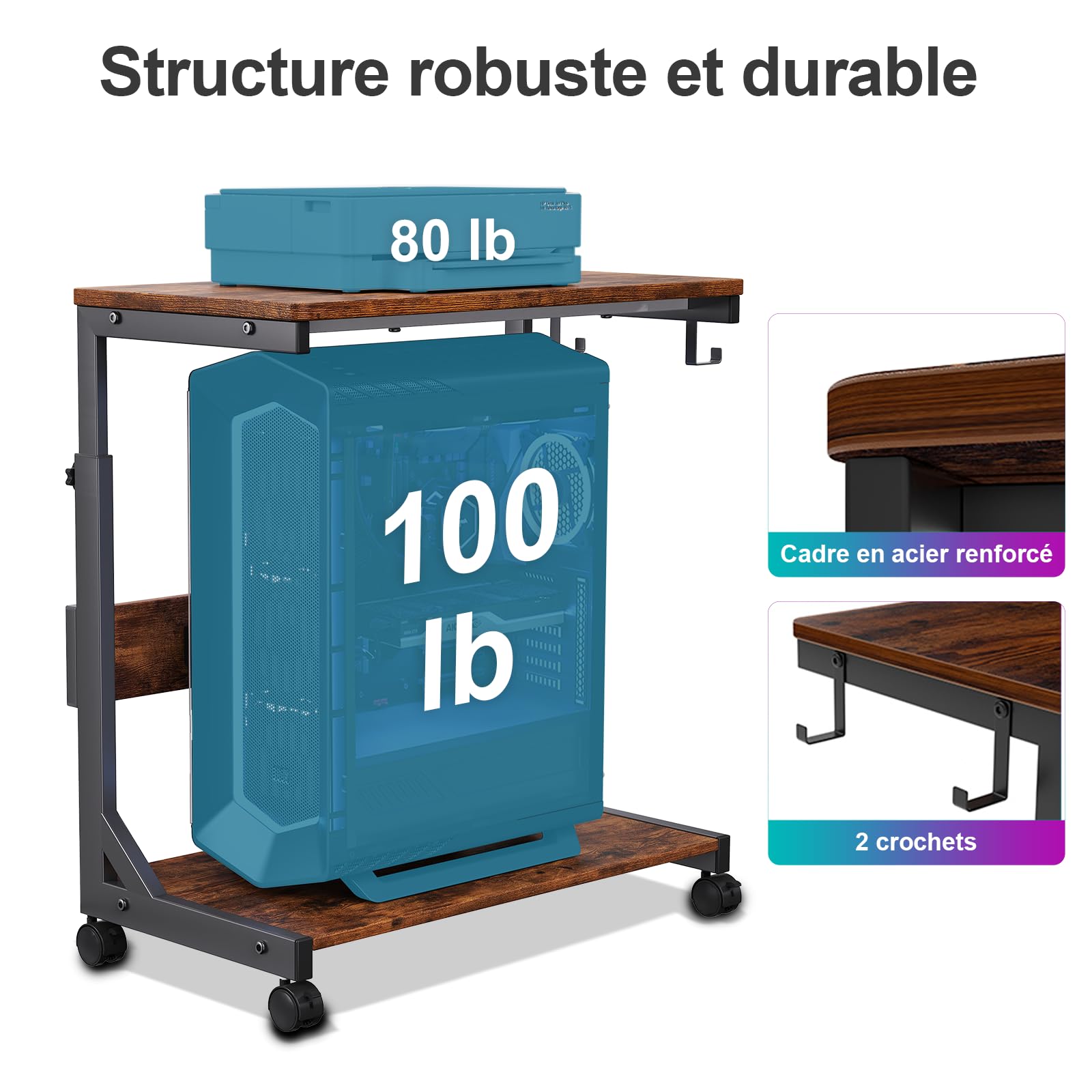 Tour d'ordinateur réglable en hauteur avec chariot ATX à 2 couches, support d'ordinateur sur pied, support d'imprimante avec espace de rangement, roues verrouillables, s'adapte à la plupart des