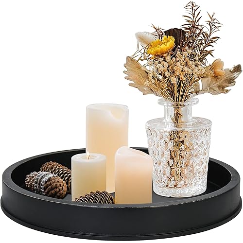Black Decorative Tray for Coffee Table Centerpieces,Black Round Decorative Serving Tray,Wood Tray Decor Modern Farmhouse Home Decorations Round Coffee Table Tray Farmhouse Kitchen Countertop…