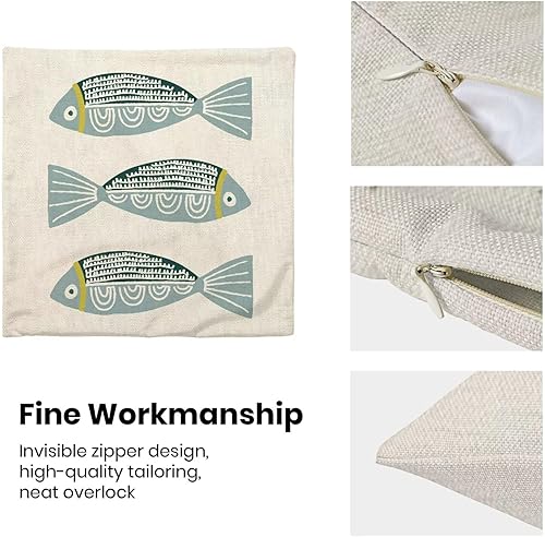 Miniatura 6 de AEIOAE Juego de 2 fundas de almohada costeras de 18 x 18 pulgadas, fundas decorativas de lino con estampado de peces azules de playa oceánica,
