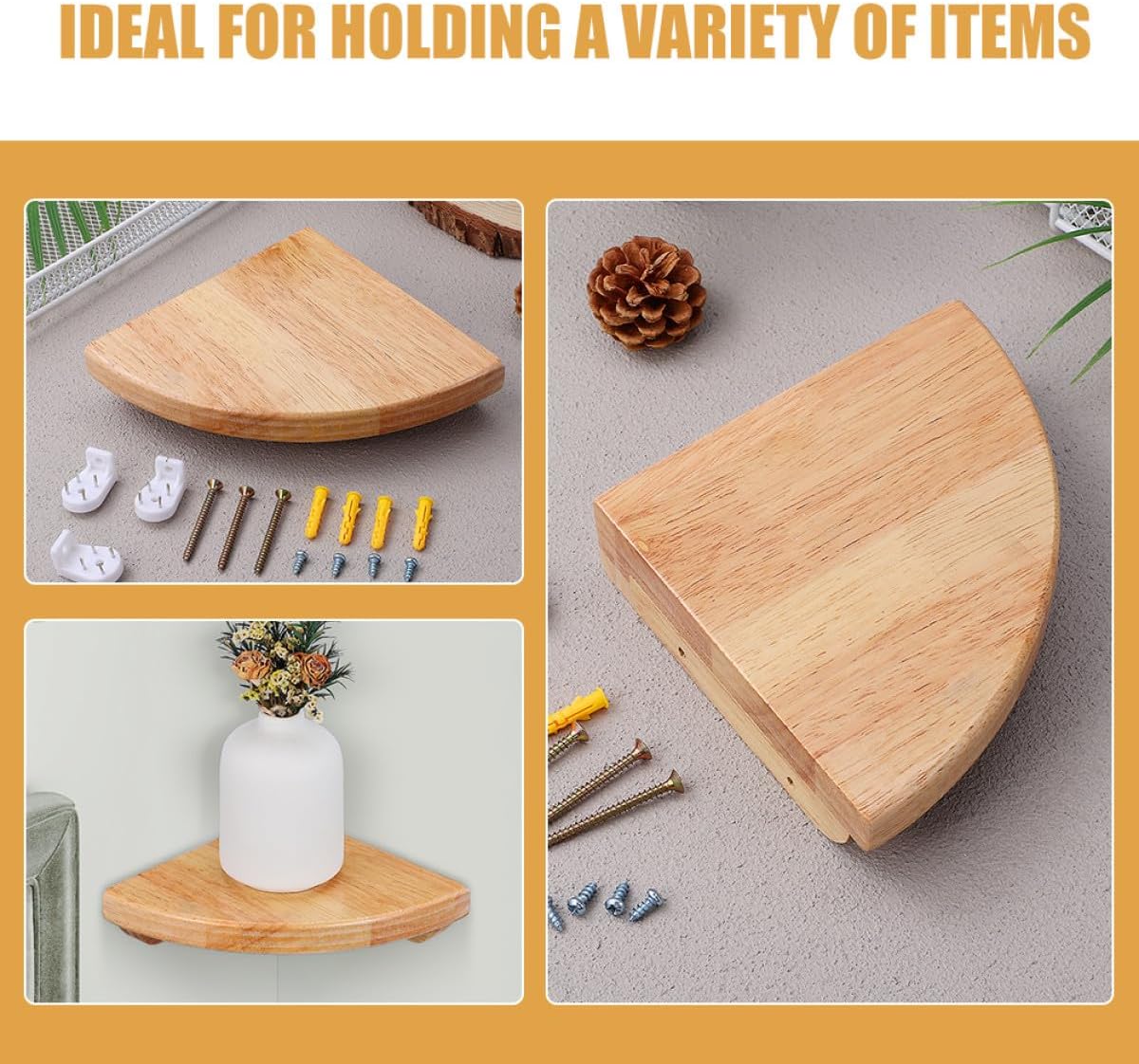 2pcs 6-inch Rubber Wood Fan Shape Corner Wall Mount Shelf, Decorative Floating Storage Rack for Bathroom Kitchen Bedroom Office, Space-Saving Wall Organizer